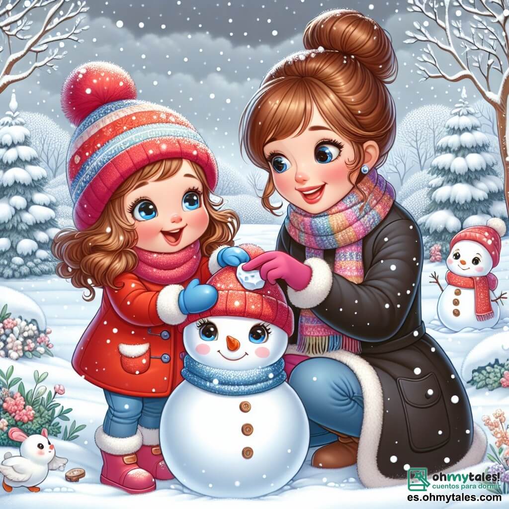 Una niña de 3 años, con grandes ojos azules y cabello rizado, lleva un abrigo rojo brillante, un gorro de lana y guantes azules. Ríe a carcajadas, con las mejillas sonrojadas por el frío, mientras construye un muñeco de nieve en un jardín nevado. A su lado, su madre, una mujer de unos 30 años con cabello castaño recogido en un moño y una sonrisa cálida, la ayuda a colocar piedras para los ojos del muñeco de nieve. Lleva un abrigo negro y una bufanda colorida, ligeramente encorvada, llena de cariño por su hija. El lugar es un jardín mágico, cubierto de una gruesa capa de nieve brillante bajo un cielo gris nublado, con árboles cargados de nieve y copos cayendo suavemente. La escena principal muestra a la niña y su madre divirtiéndose juntas, creando un muñeco de nieve, mientras un pequeño conejo blanco las observa curiosamente desde un arbusto, añadiendo un toque de magia a esta alegre escena invernal.