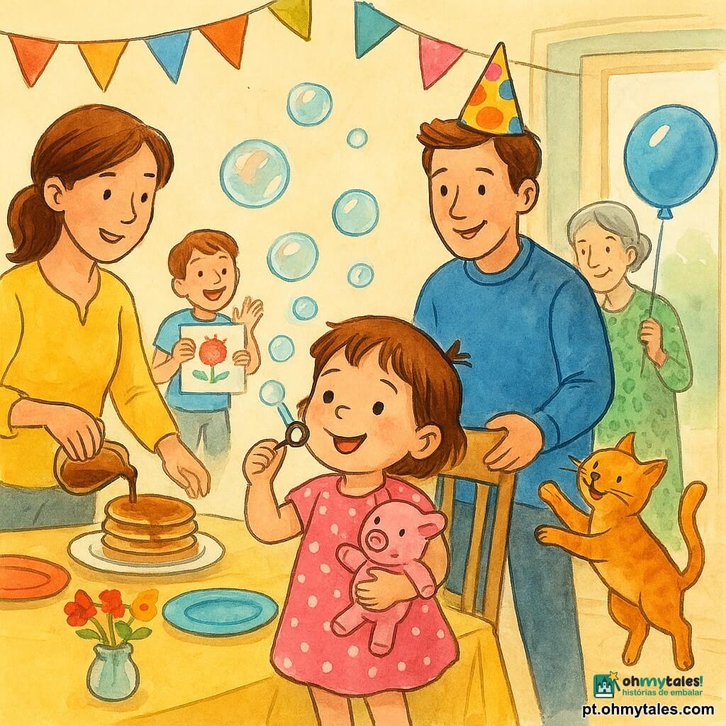 Lili, uma menina de 2 anos, radiante e sorridente, cabelos curtos castanhos com uma mecha rebelde, de vestido rosa com bolinhas brancas, segura um porquinho de pelúcia chamado Tomé e sopra bolhas de sabão sobre uma toalha de festa; a mãe, cerca de 30 anos, com cabelo castanho preso e blusa amarela, coloca panquecas à esquerda e olha carinhosamente, o pai, cerca de 32 anos, de suéter azul e chapéu de papel colorido, está atrás da cadeira pronto para pôr um bolo redondo decorado com estrelas de chocolate; a avó, cerca de 65 anos, cabelo grisalho apanhado e vestido verde estampado, segura um balão azul junto à porta aberta; o gato ruivo Mimi pula à direita tentando alcançar o balão; dois amiguinhos, Lucas e Ana (4–5 anos), no fundo seguram desenhos e aplaudem; local: cozinha-sala luminosa com paredes creme, mesa de madeira clara, pratos coloridos, guirlandas de papel e um vaso com flores; situação: festa de aniversário íntima e alegre, enfoque em Lili soprando bolhas e recebendo o carinho da família.