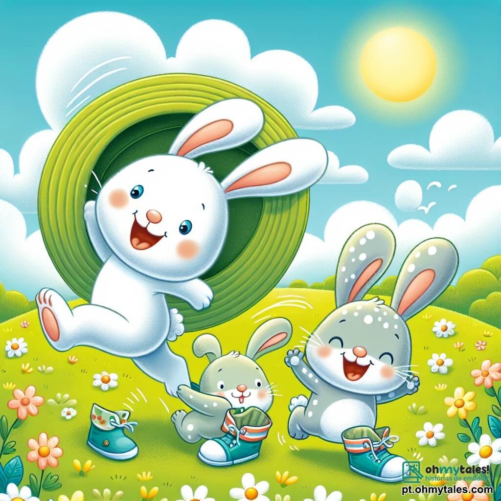 Um pequeno coelho branco com grandes orelhas, sorriso alegre e olhos brilhantes, usa um grande chapéu que quase cobre seus olhos. Ele salta entusiasticamente em um campo verdejante, cercado de flores coloridas. Ao lado dele, seu irmão, um coelho cinza com manchas brancas, tem uma expressão divertida e usa pequenos sapatos que escorregam na grama. Eles estão brincando juntos, rindo e se divertindo. O céu é azul com algumas nuvens brancas fofas, e o sol brilha, criando uma atmosfera alegre e luminosa. Os dois coelhinhos se divertem trocando suas roupas, o coelho branco tentando caminhar com o grande chapéu, enquanto o coelho cinza tenta manter o equilíbrio com os pequenos sapatos.