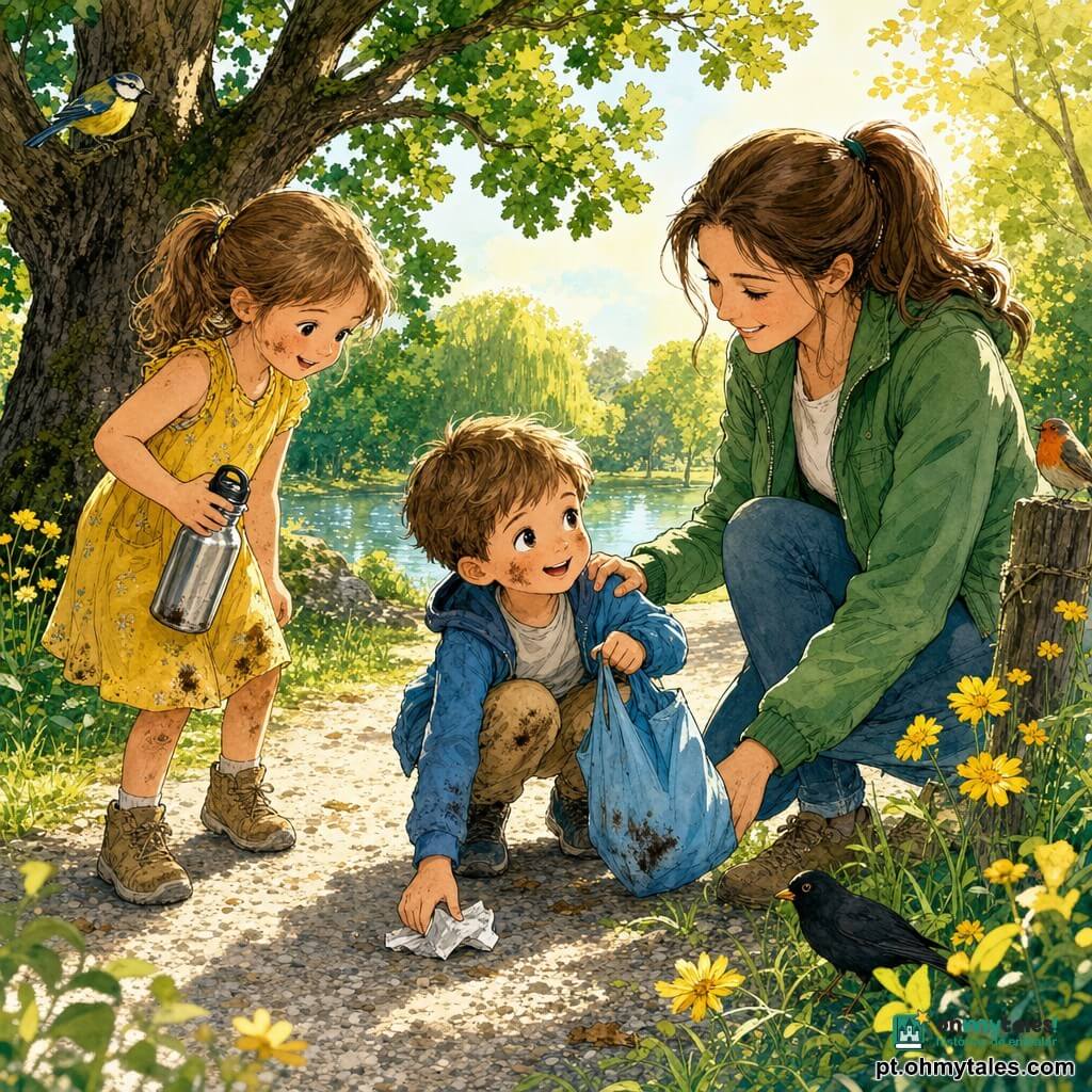 Menino de 4 anos, cabelos castanho-claro curtos, pele clara, sorriso curioso, segura um saquinho de tecido azul e apanha um papel do chão; está alegre e concentrado, rosto com pó de terra, joelhos dobrados, postura dinâmica. À direita, mãe de ~30 anos, cabelos longos em rabo de cavalo e jaqueta verde, pousa a mão no ombro do menino e sorri; à esquerda, menina de ~6 anos com vestido amarelo sujo, segura uma garrafa metálica, pronta para ajudar. Cena num parque ensolarado de chão gramado com um grande carvalho de folhas verdes, flores amarelas, pequeno lago brilhante, banco de madeira e caminho de cascalho claro; todos apanham lixo (papel e tampa plástica) junto ao caminho, com pássaros pousados e luz suave de fim de tarde. Estilo: tinta colorida, traços nítidos, aguadas suaves, cores vivas e texturas visíveis.