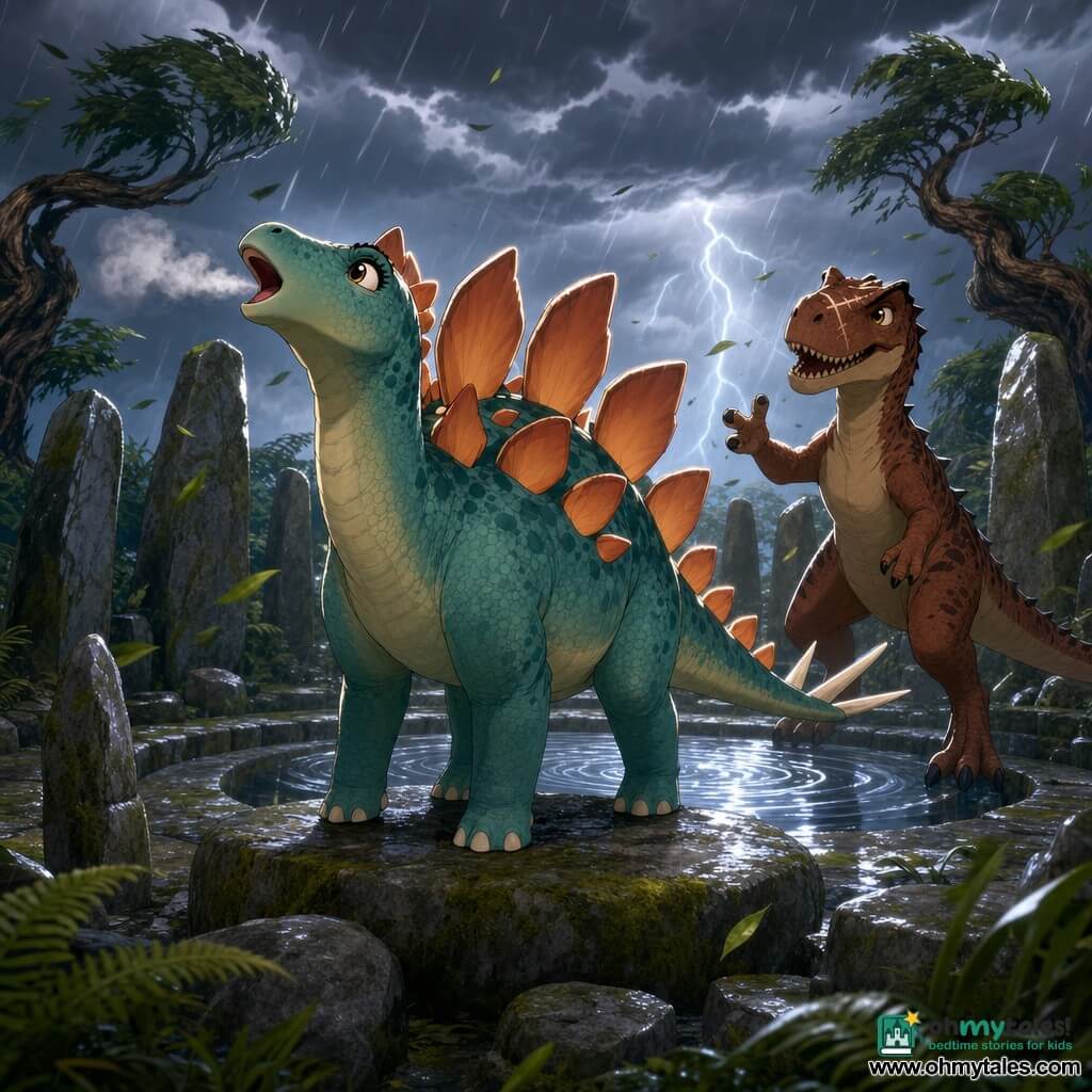 A female stegosaurus named Sable with a gentle proud expression, bright round eyes, wide orange-pink dorsal plates, textured green-blue scales and spiked tail, standing upright on a stone and letting out a long cry with visible breath in the humid air; Flint, an adventurous male allosaurus with a confident smile and zigzag scar on his snout, reddish-brown scales, posed just behind Sable with one foot raised as if encouraging her; an ancient stone circle (Storm Gardens) of worn gray stones and green moss with a central echo basin reflecting silver flashes, twisted wind-bent trees and giant rain-swept ferns; dramatic yet welcoming storm atmosphere of low dark clouds, gusting wind with swirling leaves, distant lightning and visible raindrop streaks reflecting on wet stones; composition centered on Sable in the stone circle, Flint slightly behind to the right, the echo basin before them producing silver ripples and backlighting to emphasize the plates and breath.