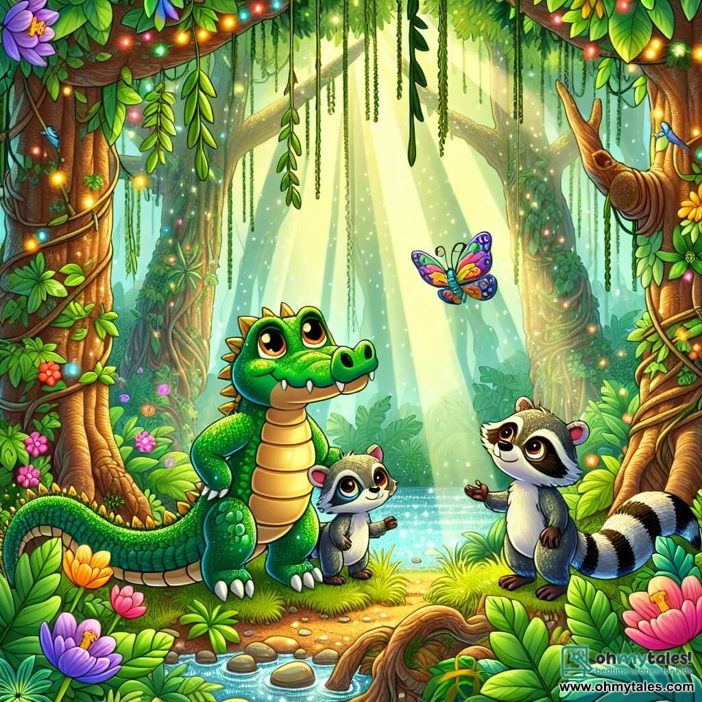A crocodile named Clyde, with shimmering emerald and gold scales, stands at the edge of a sparkling river, his expression filled with determination and wonder. His large, bright eyes reflect the sunlight as he attentively observes the peacefully flowing water. Beside him, Rocco, a mischievous raccoon with gray and black fur, rummages through a pile of leaves, his face marked by curiosity. Nearby, Bella, a delicate butterfly with colorful wings, gracefully flits around Clyde, adding a touch of lightness to the scene. The setting is a lush jungle, with majestic trees, hanging vines, and vibrant flowers that add splashes of color to the environment. Sunlight filters through the dense foliage, creating patterns of light and shadow on the ground. The main situation shows Clyde, Rocco, and Bella united in their quest to save the river, with Clyde raising a paw to touch the sparkling water, symbolizing their determination to restore the magic of their beloved jungle.
