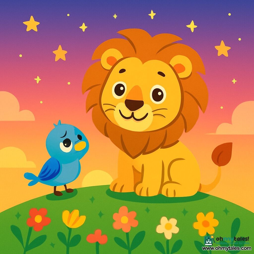 A majestic lion with a golden mane and bright eyes, displaying a gentle and friendly expression, stands on a green hill. Beside him, a small bird with vibrant blue feathers, looking sad yet hopeful, gazes at the lion with admiration. The sky is dotted with sparkling stars as the sun sets on the horizon, tinting the sky with shades of pink and gold. They are at the top of a hill, surrounded by a field of colorful flowers gently swaying in the wind. The main scene shows the lion and the bird sharing a moment of companionship, ready to sing together under the stars, symbolizing friendship and the magic of nature.