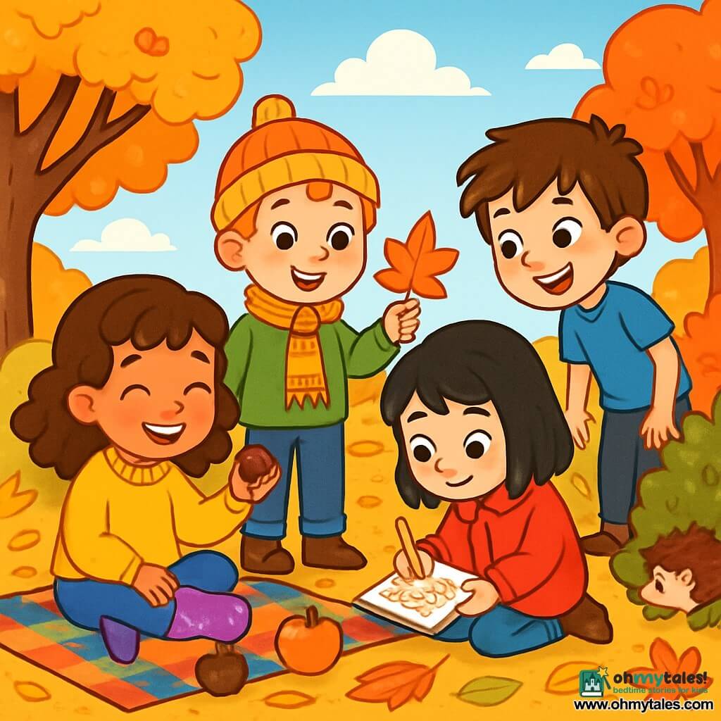 There are 4 children: Sophie, an 8-year-old girl with curly brown hair, wearing a bright yellow sweater and starry purple boots, sitting on a checkered blanket, smiling and holding a conker; Ben, a 9-year-old boy with red hair and freckles, wearing a wool hat and scarf, standing near Sophie holding a star-shaped leaf; Layla, a 7-year-old girl with straight black hair, wearing a bright red coat, crouched down drawing in her notebook surrounded by colorful leaves; and Alex, an 8-year-old boy with messy brown hair, wearing a blue t-shirt and muddy shoes, standing and watching a small hedgehog hiding in the bushes. The scene takes place in an autumn field with trees displaying golden, orange, and red leaves, a ground covered in crunchy leaves, and a bush in the background sheltering a curious hedgehog. The children are having a picnic on a colorful blanket, laughing and sharing snacks while observing the hedgehog timidly emerging from the bushes, creating a joyful and friendly atmosphere.