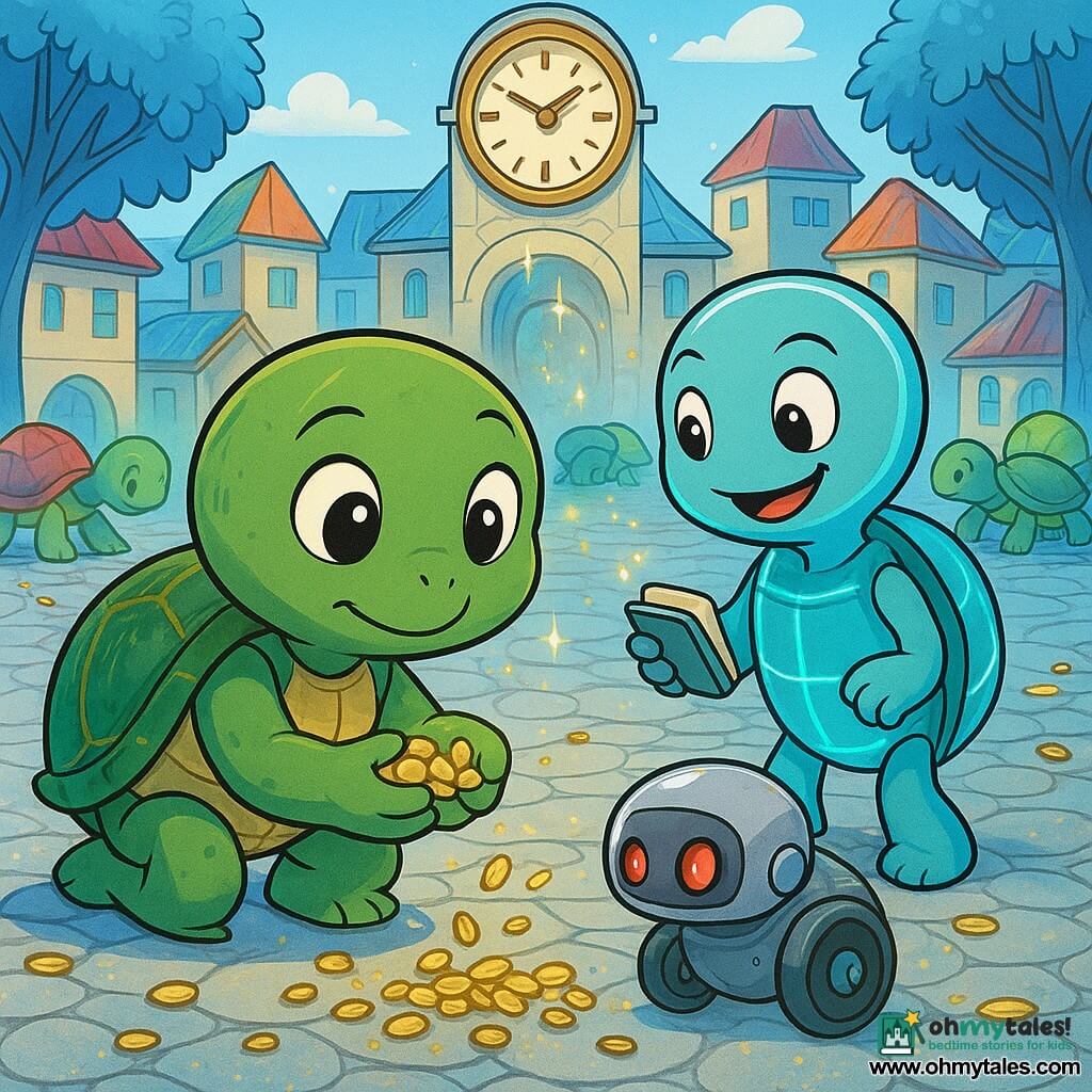 The main character is Tikki, a small anthropomorphic turtle with a round face, bright eyes, a textured green shell with gold streaks, kneeling to gather golden seeds in her hands; secondary characters include Zip, a smiling futuristic turtle with a smooth translucent shell lit by blue neon holding a small notebook and standing slightly behind and to her right, and a tiny gardener robot with polished metal body and soft wheels, a blinking red light, rolling in the foreground and dropping sparkling seeds; the setting is Turtle Town's central square with glowing round cobbles, a spinning bright clock at the center throwing off small sparks, blue trees with crystalline leaves and glass-roofed houses; the scene shows several childlike turtles helping collect seeds scattered around an over-fast clock in a bright, colorful, energetic atmosphere with motion lines and golden sparks.