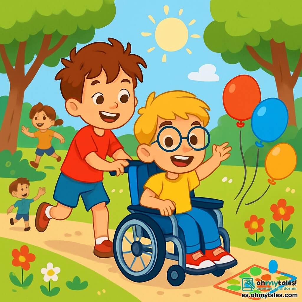 Un niño de 6 años, Lucas, con cabello castaño despeinado y ojos brillantes de alegría, empuja una silla de ruedas con una gran sonrisa en su rostro. Lleva una camiseta roja brillante y un pantalón corto azul. A su lado, otro niño de 6 años, Martín, está sentado en su silla de ruedas, con cabello rubio y gafas redondas, mostrando una expresión feliz y entusiasta. Están en un parque soleado, rodeados de árboles verdes con hojas brillantes y flores coloridas que bailan al viento. El suelo está cubierto de grava suave, y otros niños juegan alrededor, riendo y divirtiéndose. La escena principal muestra a Lucas y Martín jugando juntos, con globos coloridos y juegos de mesa a su alrededor, ilustrando la alegría de la amistad y la inclusión.