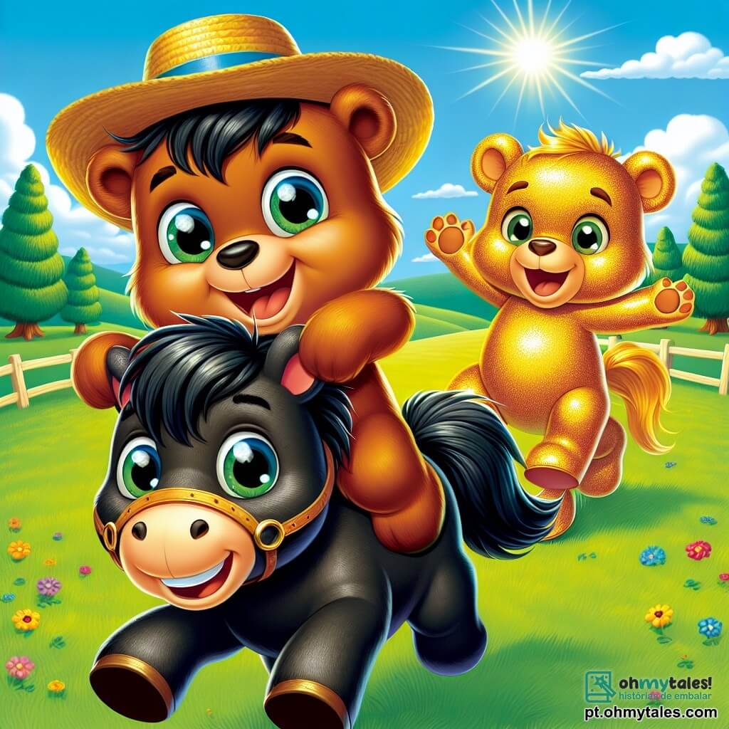 Um pequeno urso marrom, chamado Bruno, sorridente e animado, usa um pequeno chapéu de palha e está sentado em um cavalo negro brilhante. Ele tem olhos brilhantes de alegria e segura firmemente a crina do cavalo. Ao lado deles, outro urso, Leo, com pelagem dourada e um grande sorriso, os incentiva levantando os braços, pronto para correr. O cenário é um vasto campo verde, salpicado de flores coloridas e banhado por um suave sol. Ao longe, majestosas árvores se erguem sob um céu azul claro. A cena mostra Bruno e Leo prontos para uma corrida amigável, com expressões de determinação e felicidade, cercados por uma atmosfera alegre e divertida.