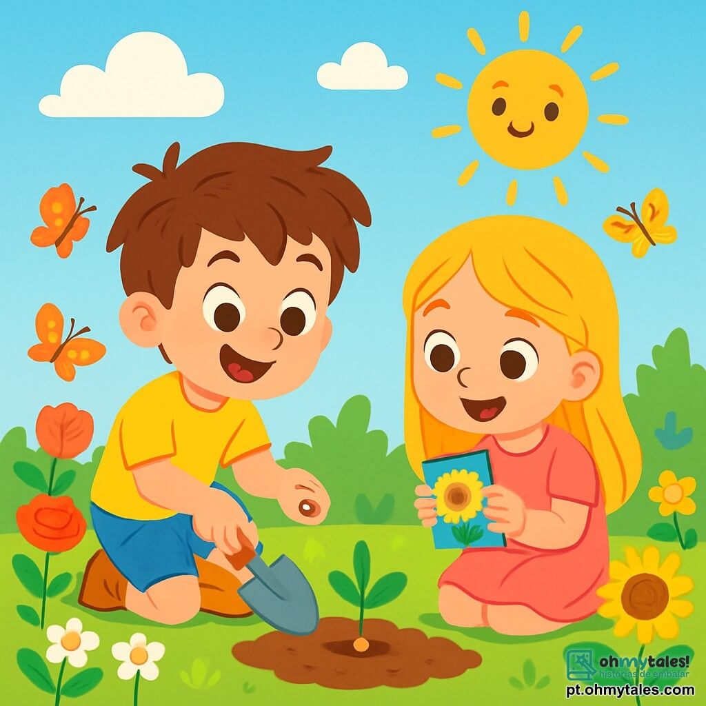 Um garoto de 6 anos, Lucas, com cabelos castanhos bagunçados e um grande sorriso encantado, está agachado em um jardim ensolarado, segurando uma pequena pá nas mãos. Ele veste uma camiseta amarela vibrante e um short azul, e seus olhos brilham de alegria enquanto planta uma semente de girassol na terra fértil. Ao seu lado, sua melhor amiga Clara, uma menina de 6 anos com cabelos longos e loiros, usa um vestido rosa e observa com entusiasmo, segurando uma pequena caixa de sementes coloridas. O jardim está cheio de flores vibrantes, como rosas vermelhas, margaridas brancas e girassóis amarelos, com borboletas voando ao redor. A cena acontece sob um céu azul claro, com algumas nuvens brancas fofas, e o sol brilha alegremente, iluminando o jardim verdejante. Lucas e Clara estão criando um jardim para atrair borboletas, mostrando seu compromisso em proteger a natureza com expressões de felicidade e determinação em seus rostos.