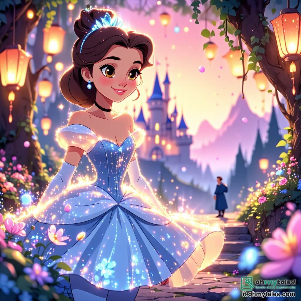 Cenerentola, una giovane con i capelli castani ondulati, indossa un abito scintillante dai toni pastello, illuminato da motivi floreali luminosi. Il suo volto esprime meraviglia e determinazione mentre si trova al centro di un giardino sospeso, circondata da piante lussureggianti e lanterne volanti. Accanto a lei, il Principe Léon, un giovane di circa 20 anni con capelli biondi e occhi brillanti, indossa un elegante costume dai colori vivaci. La guarda con ammirazione, tenendo in mano una scarpa, pronto a dichiararsi. Sullo sfondo, il giardino è popolato da grattacieli di vetro scintillante e droni colorati volano nel cielo, creando un'atmosfera magica e futuristica. La scena rappresenta Cenerentola e il Principe Léon mentre si scambiano sguardi pieni di speranza, simbolizzando l'inizio di un cambiamento nella loro città.