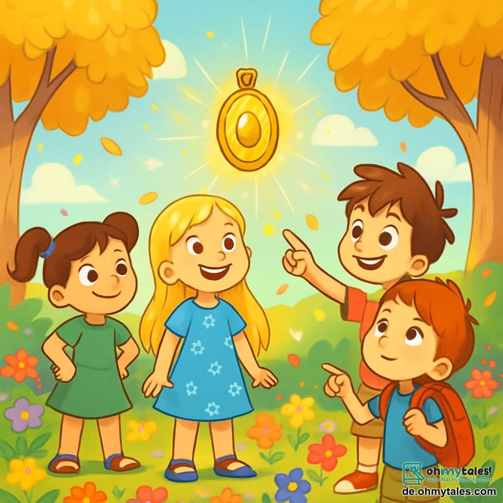 Es gibt 4 Kinder: - Mia: ein 8-jähriges Mädchen mit langen goldenen Haaren, die in der Sonne glänzen. Sie trägt ein blaues Blumenkleid und lächelt fröhlich. Sie steht in der Mitte und schaut mit Staunen auf das Amulett. - Tom: ein 7-jähriger Junge mit zerzausten braunen Haaren und einem breiten schelmischen Lächeln. Er trägt ein rotes T-Shirt und beiges Shorts. Er steht leicht vorn und zeigt mit dem Finger auf das glänzende Amulett. - Lina: ein 6-jähriges Mädchen mit funkelnden Augen und Zöpfen. Sie trägt ein grünes Kleid und Sandalen. Sie steht links von Mia, mit den Händen in die Hüften gestützt und zeigt einen entschlossenen Ausdruck. - Max: ein 9-jähriger Junge mit roten Haaren und einem großen roten Rucksack. Er trägt ein blaues T-Shirt und khakifarbene Shorts. Er steht rechts von Tom und schaut mit einem träumerischen Blick in den Himmel. Der Ort ist ein magischer Garten, gefüllt mit bunten Blumen, die in der Sonne funkeln. In der Mitte schimmert ein schwebendes Amulett, umgeben von goldenem Licht. Bäume mit silbernen Stämmen und goldenen Blättern bilden eine bezaubernde Kulisse, während ein sanfter Wind die Blütenblätter um die Kinder tanzen lässt. Die Hauptsituation zeigt die vier Freunde, die das Amulett der Hoffnung entdecken, fasziniert und vereint in ihrem Streben, bereit für ein unglaubliches Abenteuer.