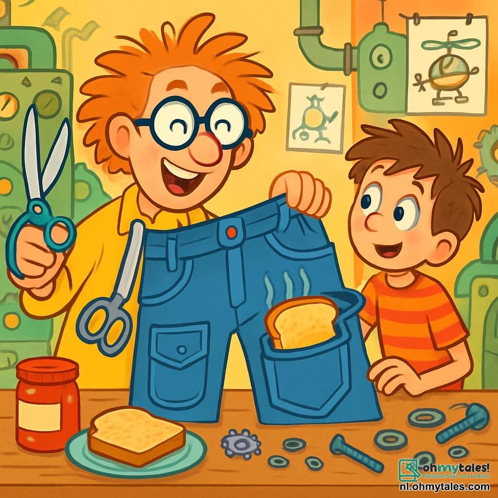 Een excentrieke man, Meneur Prutsbom, met tousled haar en een grote ronde bril, glimlacht vrolijk terwijl hij een groot paar scharen in de ene hand en een ruime spijkerbroek vol zakken in de andere hand houdt. Naast hem staat een 10-jarig jongen, Tim, met rommelig bruin haar en een gestreept t-shirt, met grote ogen kijkend, klaar om de nieuwe uitvinding uit te proberen. De scène speelt zich af in een kleurrijke werkplaats, vol zoemende machines, met allerlei onderdelen verspreid over houten tafels en tekeningen aan de muren die bizarre uitvindingen voorstellen. Meneur Prutsbom en Tim zijn omringd door brood en jam, terwijl de geur van geroosterd brood in de lucht hangt. Ze zijn bezig de Broodrooster-Broek te testen, een uitvinding die warme toast uit de zak van de broek laat komen, en ze lachen samen terwijl ze wachten op de eerste snee brood.