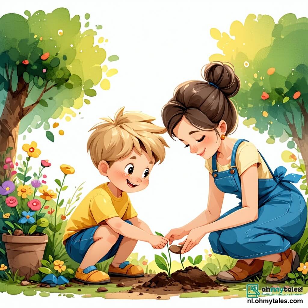 Een 4-jarig jongetje, genaamd Lukas, met rommelig blond haar en sprankelende ogen van blijdschap, zit in een mooi zonnige tuin. Hij draagt een felgeel t-shirt en een blauwe short, en hij glimlacht breed terwijl hij kleine bloembollen in de grond plant. Naast hem moedigt zijn moeder, een vrouw van ongeveer 30 jaar met bruin haar in een knot en een warme glimlach, hem aan terwijl ze een kleine schep vasthoudt. Ze draagt een bloemen t-shirt en lichte broek, en buigt zich iets naar Lukas om hem te helpen. De tuin is vol met stralend groen, met kleurrijke bloemen die beginnen te bloeien, zingende vogels in de bomen en een helderblauwe lucht met donzige witte wolken. De hoofdscène toont Lukas en zijn moeder die hun tuin voorbereiden voor de lente, omringd door tuingereedschap, en een vrolijke, levendige sfeer.