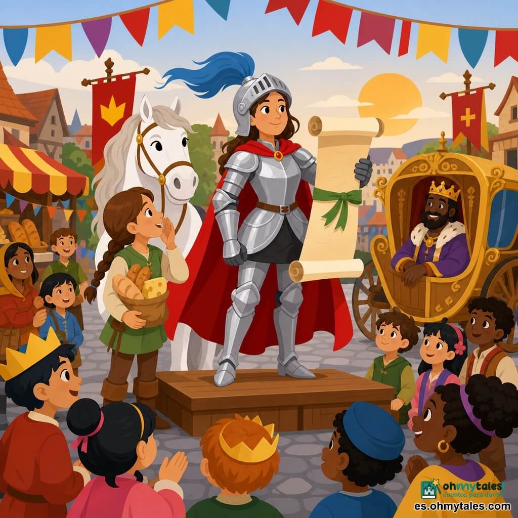 Doña Valiente, una caballera orgullosa y amable, de pie sobre un pequeño estrado de madera con armadura plateada brillante, capa roja y casco con una pluma azul al viento, sostiene un gran pergamino desenrollado con una mano enguantada; a su izquierda, Lía, una pequeña escudera de unos 8 años con trenza y mirada alentada, sostiene un bolso con pan y queso y susurra al oído de Doña Valiente; detrás, un rey adulto sonriente la observa desde un carruaje dorado a la derecha; justo detrás del estrado está Nube, un caballo blanco tranquilo con ojos dulces; en la plaza empedrada hay puestos de pan, mesas de madera, banderas rojas y amarillas y guirnaldas, niños con coronas de papel y un sol bajo; Doña Valiente lee en voz alta la "Carta del Buen Trato" sujeta con una cinta verde mientras la multitud feliz escucha en círculo y la pluma y los bordes del pergamino se mueven con la brisa.