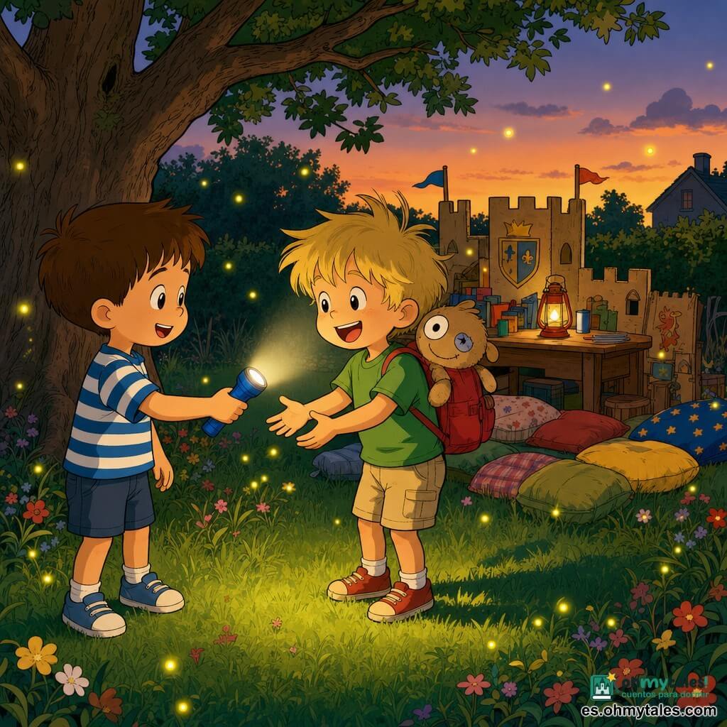 Hay tres personajes: Leo, un niño de unos 4 años con pelo castaño corto, ojos marrones y camiseta azul y blanca, sostiene una pequeña linterna azul con la mano derecha y está a la izquierda; Sam, otro niño de unos 4 años con pelo rubio alborotado, camiseta verde y pantalón corto beige, en el centro con las manos listas para recibir la linterna y expresión sonriente; y Gaby, un peluche marrón claro con un gran ojo redondo y un ojo pequeño, sonrisa cosida, en una pequeña mochila roja sobre el hombro derecho de Sam. El lugar es un jardín al atardecer convertido en terreno de aventura: césped con flores, un gran árbol a la izquierda, pequeñas luciérnagas amarillas brillando, una mesa baja de madera al fondo y cojines dispersos como "islas". La escena muestra a los niños pasando la linterna antes de la noche; el haz azul ilumina sus rostros, hay sombras alargadas y luciérnagas alrededor, ambiente alegre con colores cálidos, contornos nítidos y expresiones de confianza y amistad.
