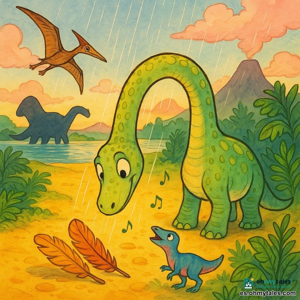Un joven diplodocus grande y dócil, de cuello muy largo cubierto de escamas verde pálido salpicadas de amarillo, muestra expresión maravillada y curiosa mientras inclina la cabeza para tocar con el hocico tres plumas de piedra tibias sobre la arena; un pterosaurio delgado de plumaje marrón y ojos vivos gira en el cielo a la izquierda proyectando una sombra alargada; a la derecha, un pequeño dinosaurio colorido parecido a un hypsilophodon con reflejos azules y rosas canta entre los helechos mirando la luz; al fondo, la silueta oscura de un gran dinosaurio masivo cerca del río hace resaltar el chapoteo junto a sus patas; la escena transcurre en un valle amplio y luminoso de arena dorada, helechos altos, volcanes humeantes en el horizonte y nubes rosadas que filtran rayos de luz, mientras una lluvia de luz suave cae en finas líneas plateadas, las sombras adquieren tono esmeralda y la melodía parece vibrar en el aire.