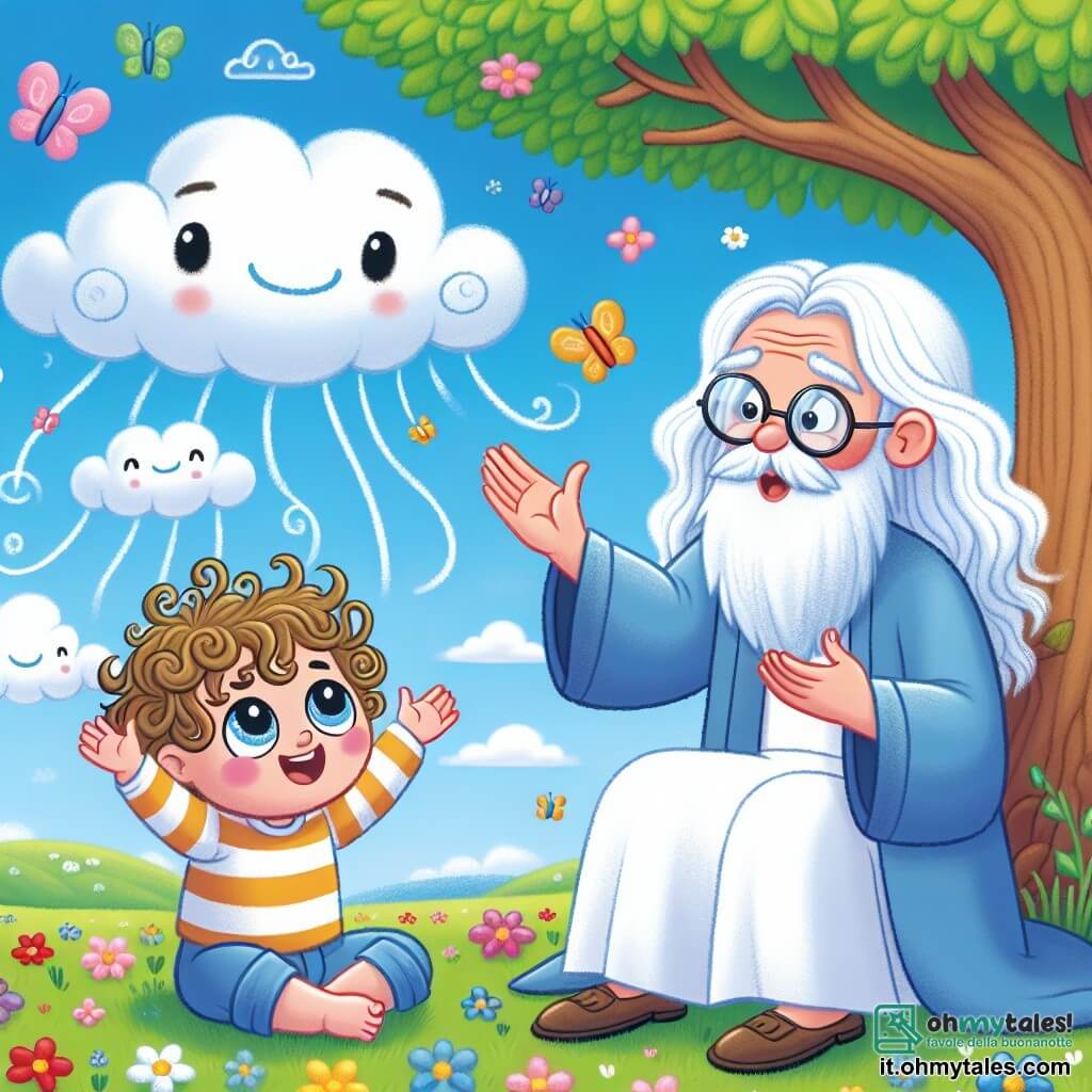 Un bambino di 2 anni, Leo, con capelli ricci e occhi pieni di curiosità, è seduto sotto un grande albero con foglie verdi. Sorride con le braccia aperte, come se volesse afferrare le nuvole nel cielo blu. Accanto a lui, un vecchio saggio con una lunga barba bianca e occhiali rotondi, di circa 70 anni, sta in piedi. Indossa una veste semplice e sorride con benevolenza, indicando le nuvole nel cielo. Il luogo è un campo verde, pieno di fiori colorati, con un cielo sereno e nuvole bianche che danzano sopra di loro. La scena principale mostra Leo che ascolta attentamente il saggio, che gli spiega la bellezza dei pensieri e delle nuvole, mentre farfalle colorate volano intorno a loro, aggiungendo un tocco di magia a questo momento di scoperta.