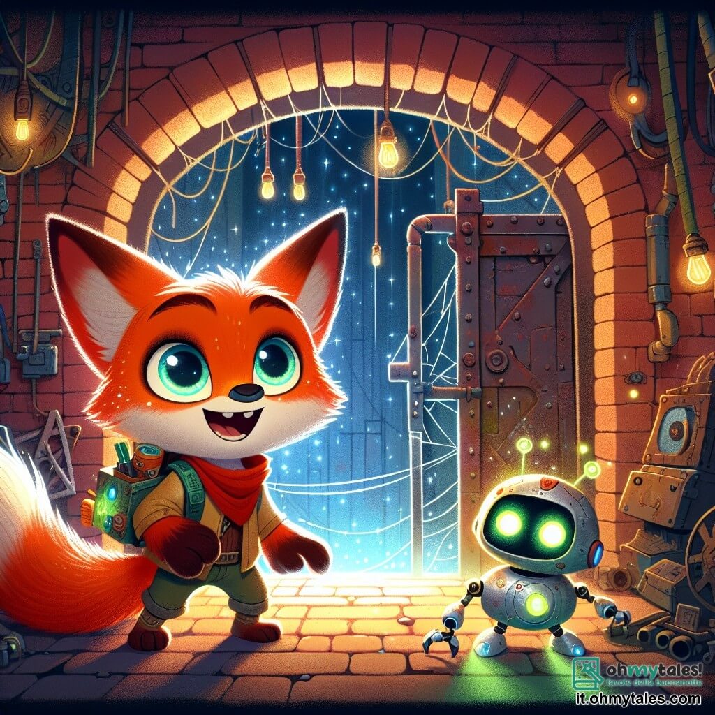Al centro dell'immagine, una piccola volpe di nome Ilan, con il pelo rosso brillante e occhi pieni di curiosità, si trova davanti a una porta antica di metallo, con un'espressione di eccitazione e meraviglia sul volto. Porta uno zainetto colorato pieno di attrezzi da esplorazione. Accanto a lui, il suo amico robot Pip, una piccola sfera flottante con luci verdi scintillanti, emette segnali luminosi mentre analizza la porta con un raggio laser, mostrando un'espressione amichevole e incoraggiante. Il decor si svolge in una sala segreta e misteriosa, piena di macchine antiche coperte di polvere e ragnatele, con muri di mattoni e luci soffuse che creano un'atmosfera intrigante e magica. La situazione principale mostra Ilan e Pip che scoprono il "Cuore di Nuovoluce", un luogo ricco di storia, dove si trovano davanti alla porta misteriosa, pronti a svelare il segreto della loro città futuristica.