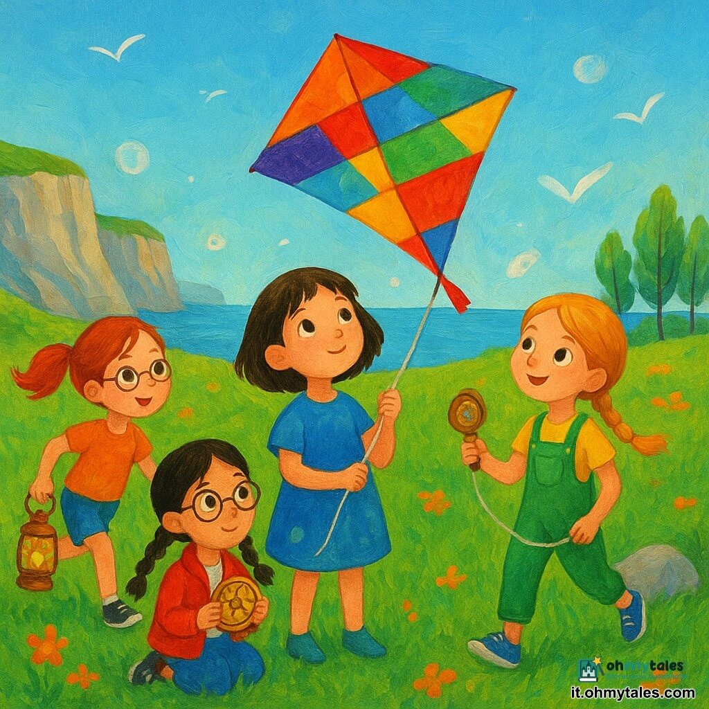 Quattro bambine di circa 5 anni: Lina, capelli castani a caschetto e occhi nocciola, al centro con un grande aquilone patchwork attaccato a una mappa; Maia, treccia bionda e salopette verde, tiene la bobina del filo a destra; Nora, capelli neri in due trecce e occhiali tondi, inginocchiata a sinistra stringe una bussola dorata; Sera, coda di cavallo rossa e scarpe da corsa, corre leggermente dietro a sinistra con una vecchia lanterna, in una radura sull’isola “Terra del Respiro” con erba alta verde smeraldo e fiori arancioni, rocce chiare, una scogliera striata e il mare verde zaffiro in lontananza; lanciano un aquilone artigianale nel vento leggero, la mappa al centro tremula, la bussola punta in alto, bolle argentate e piume fluttuano, luce mattutina calda e texture pittoriche acriliche visibili.