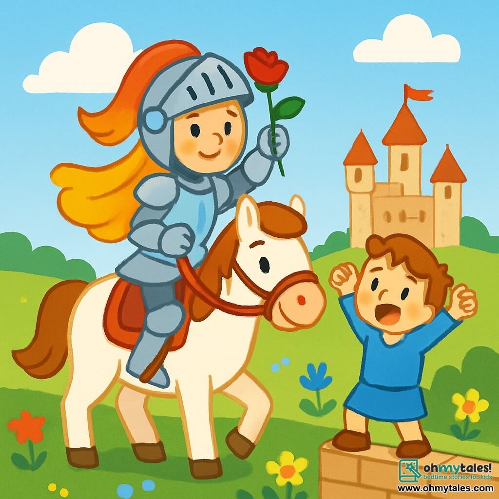 A knightess, Lady Rose, stands proudly on her large white horse, wearing shiny armor and a determined smile. Her long golden hair flows in the wind, and she holds a bright red rose in her hand. Beside her, a young boy of about 8, dressed in a blue tunic, encourages her with sparkling eyes of admiration. He stands on a small wall, raising his arms in a sign of victory. The setting is a vast green field dotted with colorful flowers, under a clear blue sky with fluffy white clouds. In the distance, a grand castle rises majestically, with fluttering flags. The main scene shows Lady Rose ready to face the challenge of the tournament, with the audience applauding and cheering, creating a joyful and dynamic atmosphere.