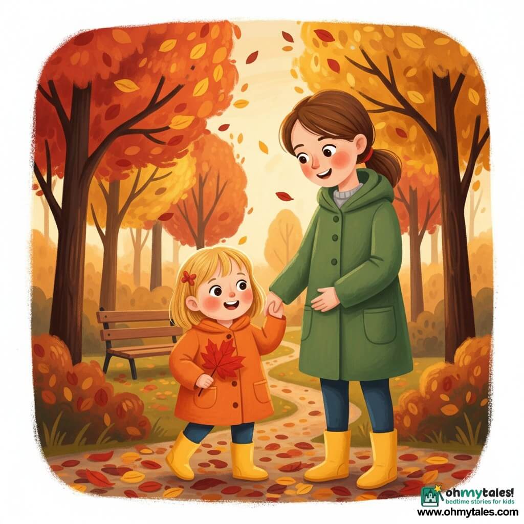 A joyful 2-year-old blond toddler in an orange coat and yellow boots holds a large red leaf and tucks it into her pocket while her mother, about 32 with tied brown hair in a green coat, stands slightly behind holding her hand and watching the leaf; they are in an autumn park of red, gold and brown foliage with a leaf-strewn path and a wooden bench under soft late-afternoon light, the child skipping on leaves and collecting them, warmed by a maternal embrace, rendered in warm colors with thick gouache textures, soft contours and rounded forms for a serene, welcoming atmosphere.