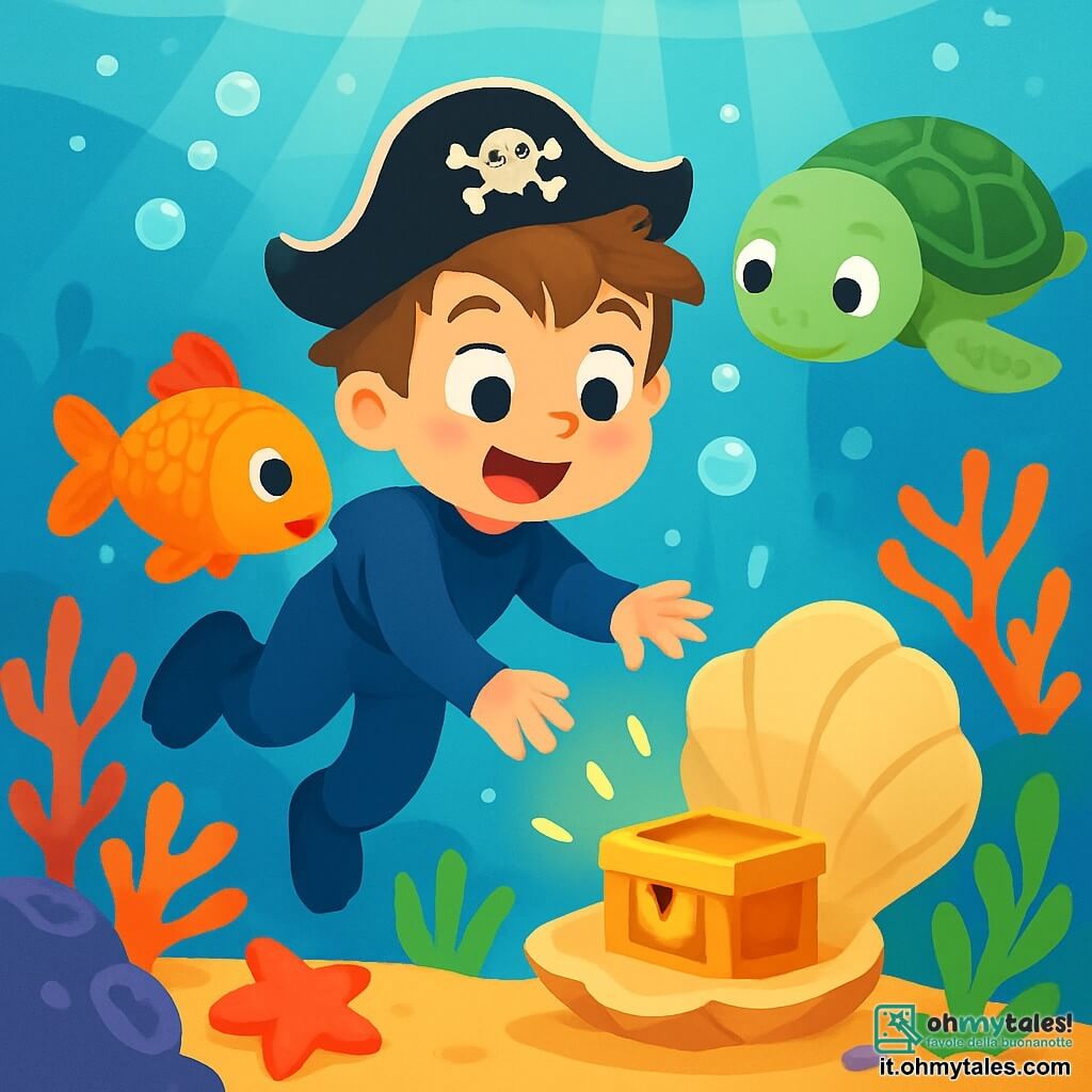 Un ragazzo di 4 anni, Leo, con capelli castani disordinati e grandi occhi meravigliati, nuota felicemente nell'acqua chiara, circondato da pesci colorati. Indossa una muta blu e un piccolo cappello da pirata, mostrando un ampio sorriso di eccitazione. Al suo fianco, un pesciolino arancione di nome Pina, con squame brillanti e occhi scintillanti, nuota con agilità, dimostrando la sua amicizia. Poco più in là, una tartaruga gentile di nome Tato, con un guscio verde e occhi dolci, li osserva con un'espressione benevola, pronta a guidarli. Il contesto è un mondo sottomarino magico, pieno di coralli vibranti, bolle scintillanti e raggi di luce che filtrano attraverso l'acqua, creando un'atmosfera incantata. La scena principale mostra Leo e i suoi amici che scoprono una piccola scatola dorata nascosta dietro una conchiglia gigante, circondati da stelle marine e alghe danzanti, tutti meravigliati dalla scoperta del tesoro.