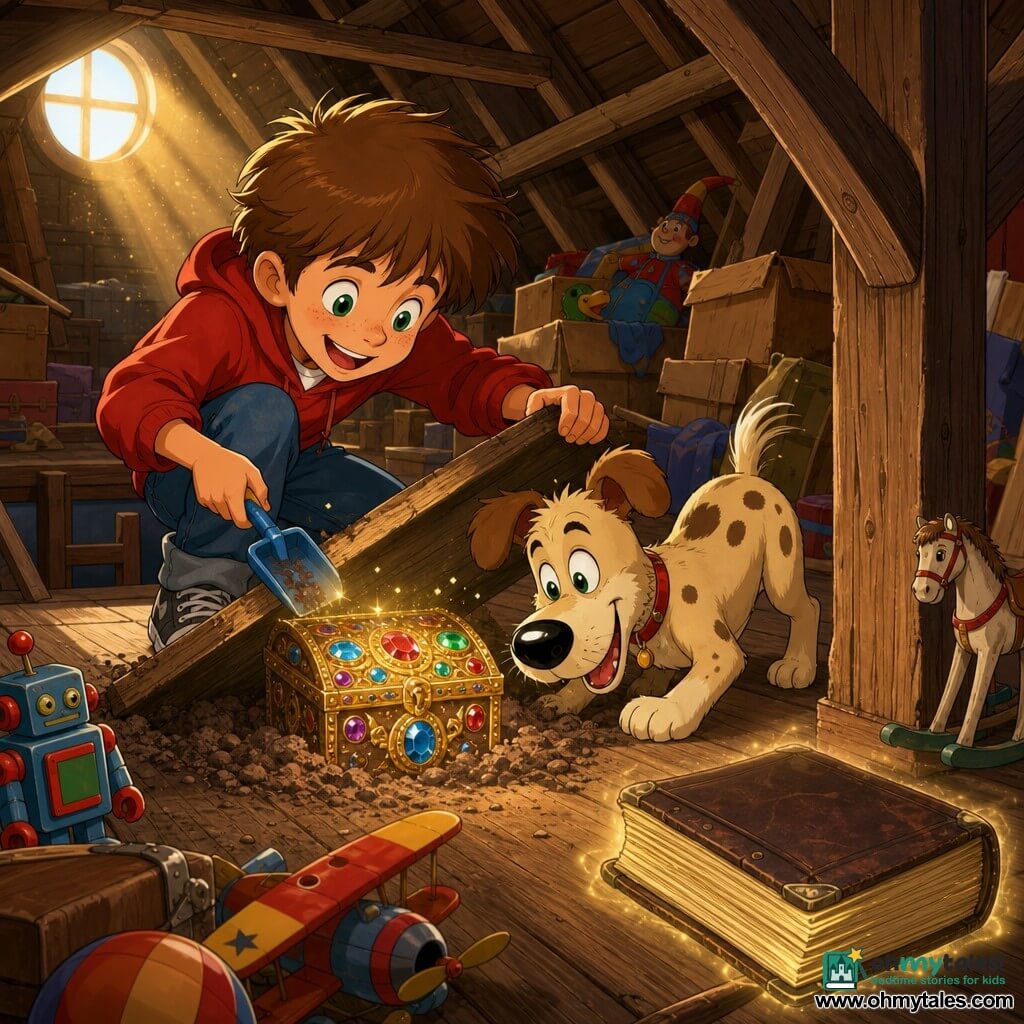 An 8-year-old joyful boy with messy brown hair and bright green eyes crouches and lifts a dusty wooden plank with a small plastic trowel as his excited beige-spotted dog Pickles noses a sparkling jeweled treasure box; an old leather-bound journal lies open on a pile of toys in a warm attic with oak beams, golden dust in sunbeams, scattered toys and an open trapdoor; the jeweled box hidden under the plank sparkles, casting multicolored light on their astonished faces; visual style: saturated colors, crisp expressive outlines, soft-rendered wood and dust textures, magical yet familiar atmosphere.