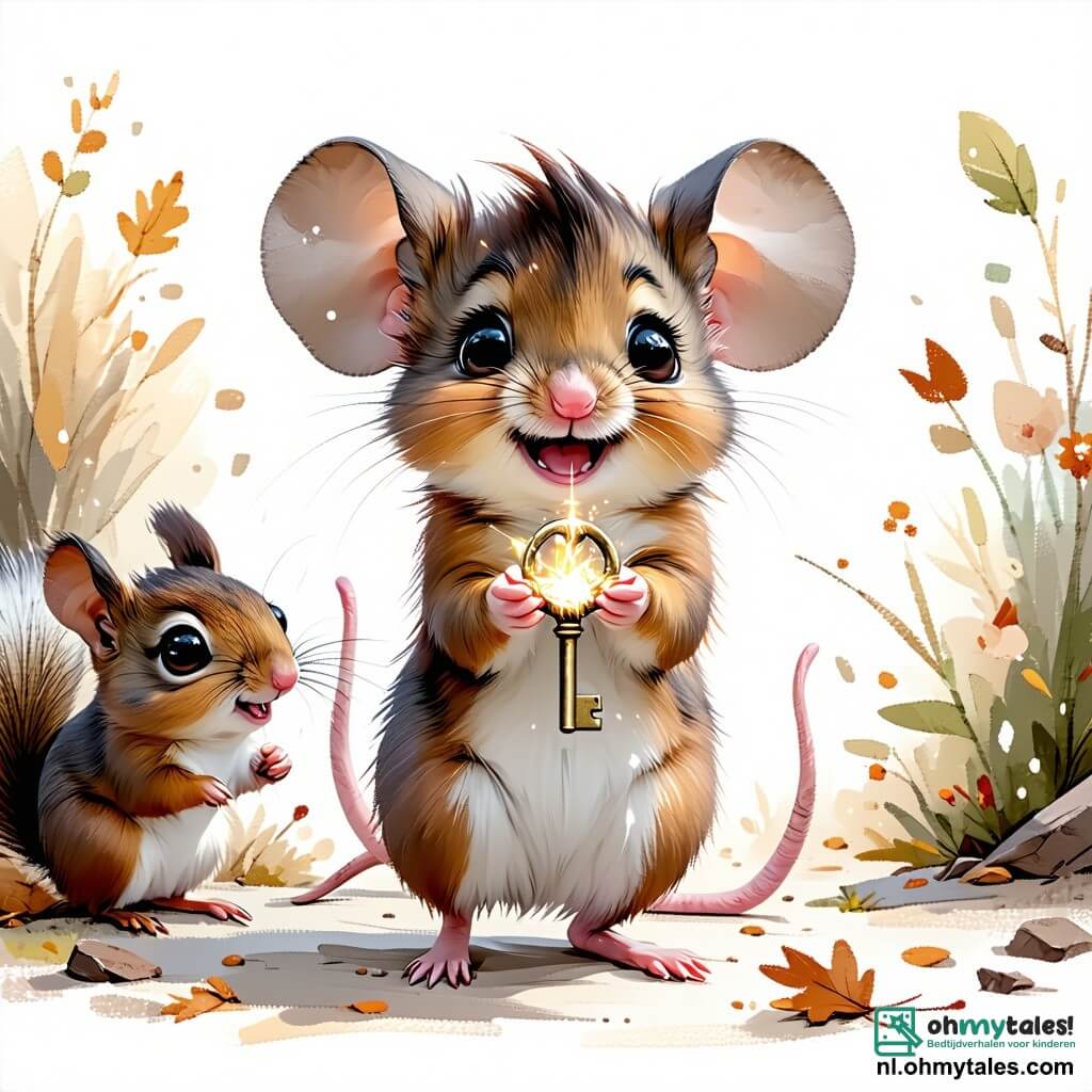 Miko, een avontuurlijke kleine muis met een bruin vacht en grote nieuwsgierige ogen, staat in het midden van de afbeelding met een verwonderde glimlach op haar gezicht, terwijl ze een glanzende sleutel in haar kleine pootjes vasthoudt. Naast haar springt Benny, een eekhoorn met een pluizige staart en sprankelende ogen van opwinding, blij met zijn armen omhoog, klaar om het mysterie van de sleutel te ontdekken. De achtergrond is een oud spookhuis, met stenen muren bedekt met klimop, stoffige ramen en een massieve houten deur die langzaam opent en een gouden, mysterieuze gloed laat ontsnappen. Spinrag schittert in de hoeken en schaduwen dansen op de muren, wat een zowel magische als licht angstaanjagende sfeer creëert. Miko en Benny staan voor de deur van het huis, klaar om een magische wereld binnen te gaan, met fonkelende sterren boven hen en een voelbare sfeer van avontuur en mysterie.