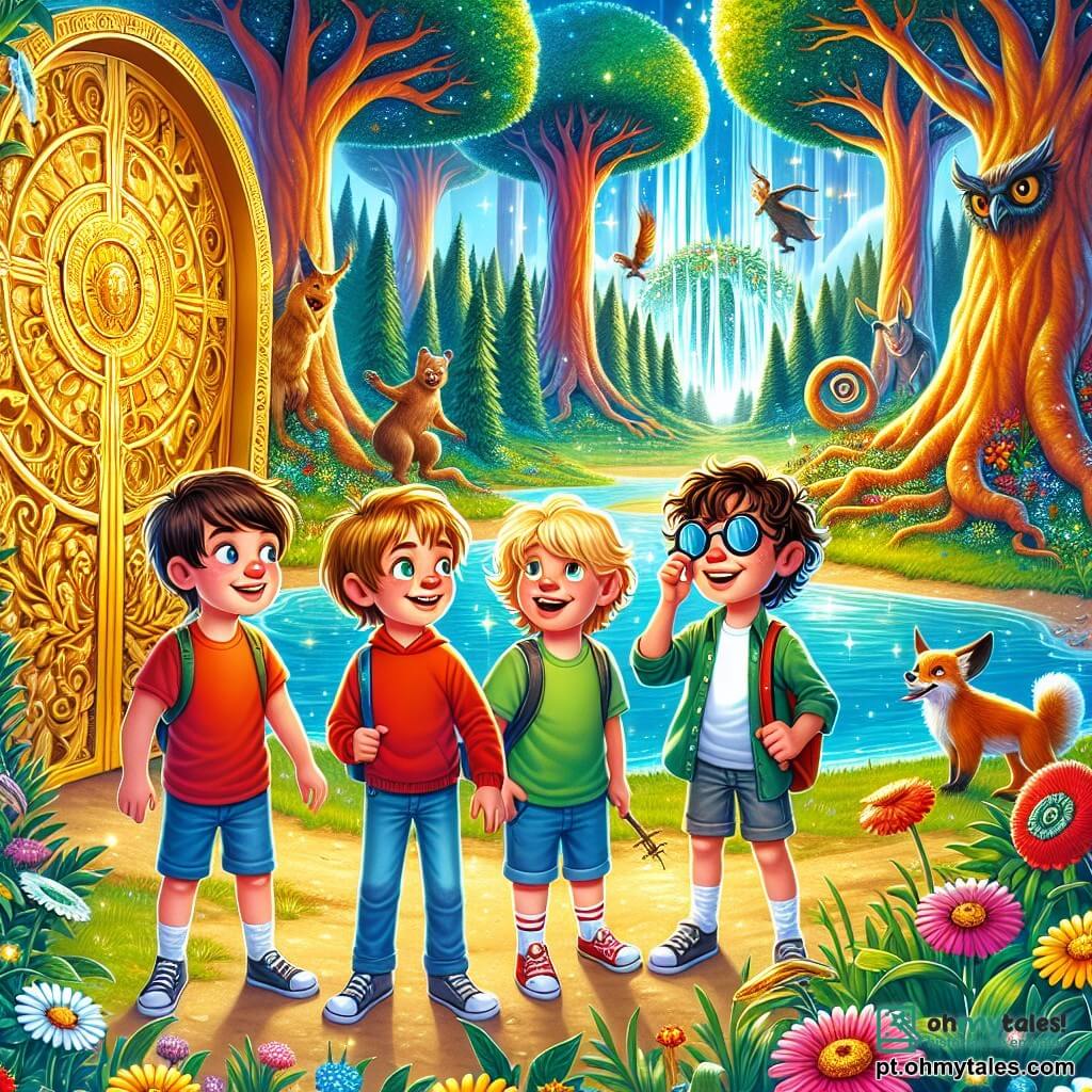 Quatro meninos de 8 anos estão no centro de uma floresta mágica, cercados por árvores de troncos coloridos e flores que cantam. Pedro, com cabelos castanhos bagunçados e uma camiseta vermelha, observa com admiração uma porta antiga de metal dourado, adornada com símbolos misteriosos. À sua direita, João, com cabelos loiros e usando um short azul, sorri audaciosamente, pronto para abrir a porta. Miguel, com óculos e cabelos castanhos, fica um pouco afastado, parecendo preocupado, enquanto Lucas, com cabelos cacheados e uma camiseta verde, ri ao imaginar as aventuras que virão. A cena acontece em um parque encantado, onde árvores gigantes com folhas brilhantes se estendem em direção ao céu, e um lago cintilante reflete as cores vibrantes da floresta. Animais com óculos de sol se movem alegremente ao redor deles, enquanto uma brisa suave faz as flores dançarem. Os meninos se preparam para abrir a porta misteriosa que os levará a um reino fantástico, cheios de emoção e expectativa, prontos para viver uma aventura incrível em um mundo onde magia e tecnologia se encontram.