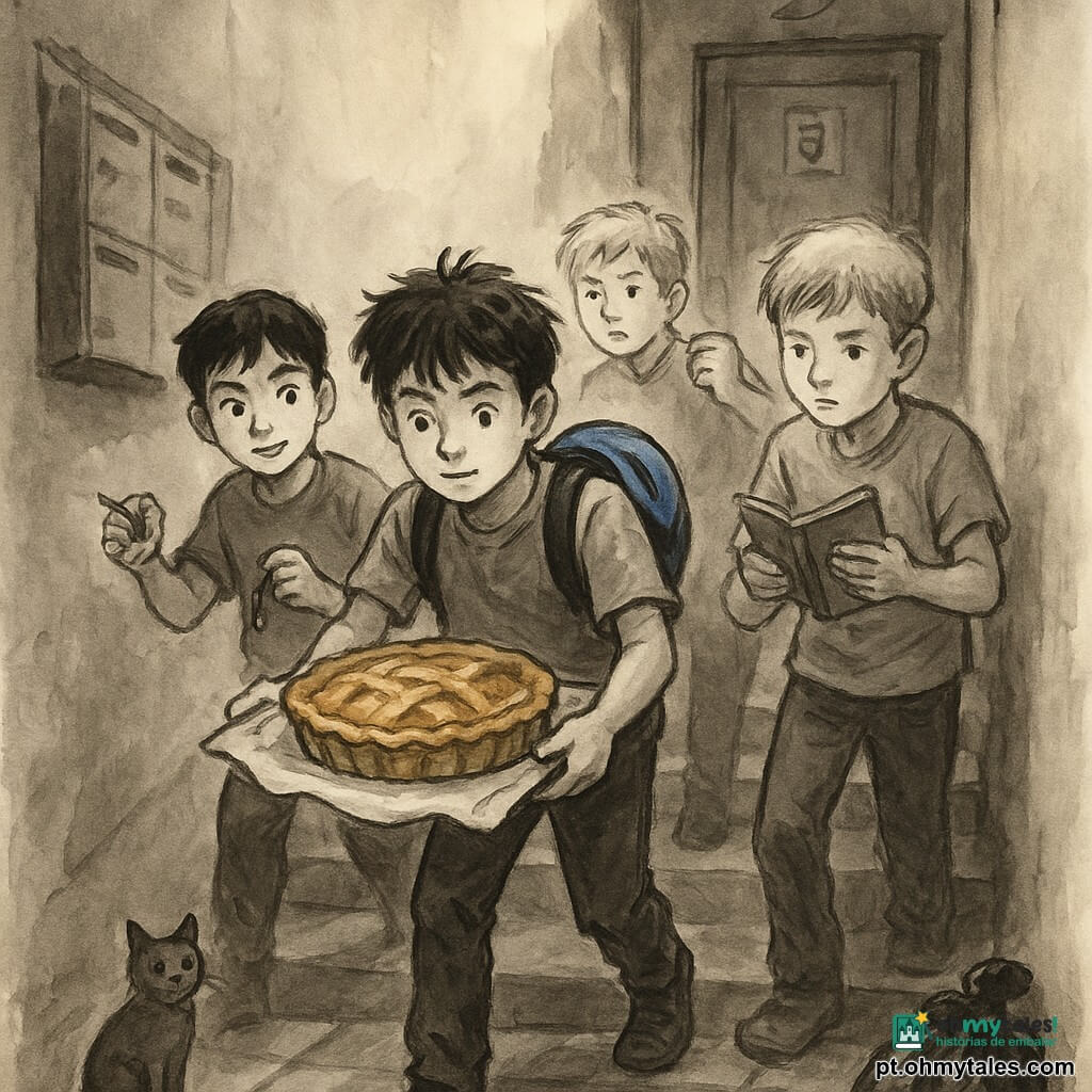 Quatro rapazes de 11 anos: Tomás, cabelos castanhos despenteados, capacete azul nas costas, segura no centro a bandeja com a tarte de maçã; Rui, cabelos pretos, olhar matreiro, segura um guizo e um elástico à esquerda de Tomás; Léo, castanho-claro, concentrado, caderno e caneta à direita de Tomás; Nuno, loiro e nervoso, ligeiramente atrás com o cotovelo levantado. Num corredor estreito de prédio com paredes amareladas, azulejos antigos e caixas de correio de um lado, porta numerada ao fundo; lâmpadas pendentes criam manchas de luz quente e um cartaz gasto “CLUBE DOS RECORDES” na porta da cave. Os quatro sobem uma escada em silêncio, em perfeita sincronização, transportando uma tarte de maçã inteira sobre uma bandeja estabilizada por uma t-shirt e elásticos; a tarte é brilhante e dourada. No patamar, um gato observa a tarte e um ouriço‑cacheiro se esconde perto de um saco de lixo. Estilo sumi-e: contrastes de tinta preta, lavados cinzentos e toques suaves de cor na tarte (dourado) e no capacete azul.
