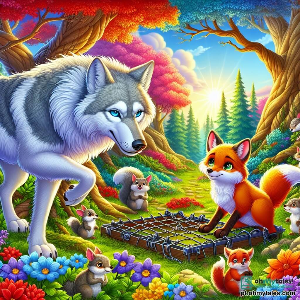 Um lobo majestoso chamado Luno, com um pelo prateado brilhando ao sol, expressa uma determinação corajosa em seu rosto. Seus olhos brilhantes estão cheios de compaixão enquanto se aproxima de uma armadura de metal, pronto para libertar uma raposa. Ao seu lado, uma pequena raposa chamada Fifi, com um pelo vermelho vivo e olhos cintilantes de gratidão, se debate suavemente na armadura, olhando para Luno com esperança. Ao redor deles, vários esquilos pequenos de caudas fofas e cores vivas se apressam em reunir gravetos para criar um plano de resgate, com rostos mostrando uma excitação palpável. A cena se passa em uma clareira encantadora da Floresta das Cores, onde flores vibrantes de cores vermelha, amarela e roxa bordam o chão, e grandes árvores de troncos retorcidos se erguem majestosas em direção ao céu azul. No centro desta cena, Luno se mantém firme, pronto para agir, enquanto Fifi, presa mas cheia de esperança, aguarda sua ajuda ansiosamente.