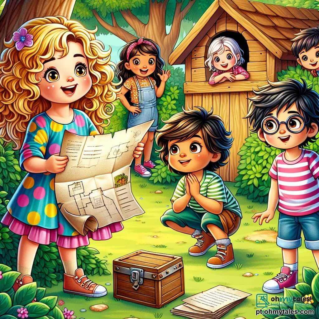Uma menina de 8 anos, Sofia, com cabelos cacheados e dourados, usa um vestido colorido com bolinhas e um grande sorriso de empolgação no rosto. Ela segura um pedaço de papel antigo, com os olhos brilhando de curiosidade, enquanto está diante de uma pequena casa de madeira, escondida atrás de arbustos verdes. Ao lado dela, seu amigo João, um garoto de 8 anos com cabelos castanhos bagunçados e óculos redondos, observa o mapa com uma expressão concentrada. Ele veste uma camiseta listrada e um short, e está ligeiramente recuado, com as mãos na cintura, pronto para ajudar. Clara, outra amiga de 7 anos, com cabelos lisos e negros, está agachada perto de uma caixa de madeira, com os olhos arregalados de surpresa. Ela usa uma saia floral e uma camiseta rosa, parecendo ansiosa para descobrir o que há dentro. O local é uma clareira secreta do parque, cercada por árvores majestosas e flores coloridas que dançam ao vento. No centro, uma pequena extensão de água reflete o céu azul, e a casa de madeira, velha e misteriosa, está decorada com cipós e flores silvestres. A situação principal mostra Sofia e seus amigos descobrindo um mapa antigo preso na parede da casa, revelando pistas para uma caça ao tesouro no parque. A empolgação e a aventura são palpáveis enquanto eles se preparam para seguir as pistas juntos.