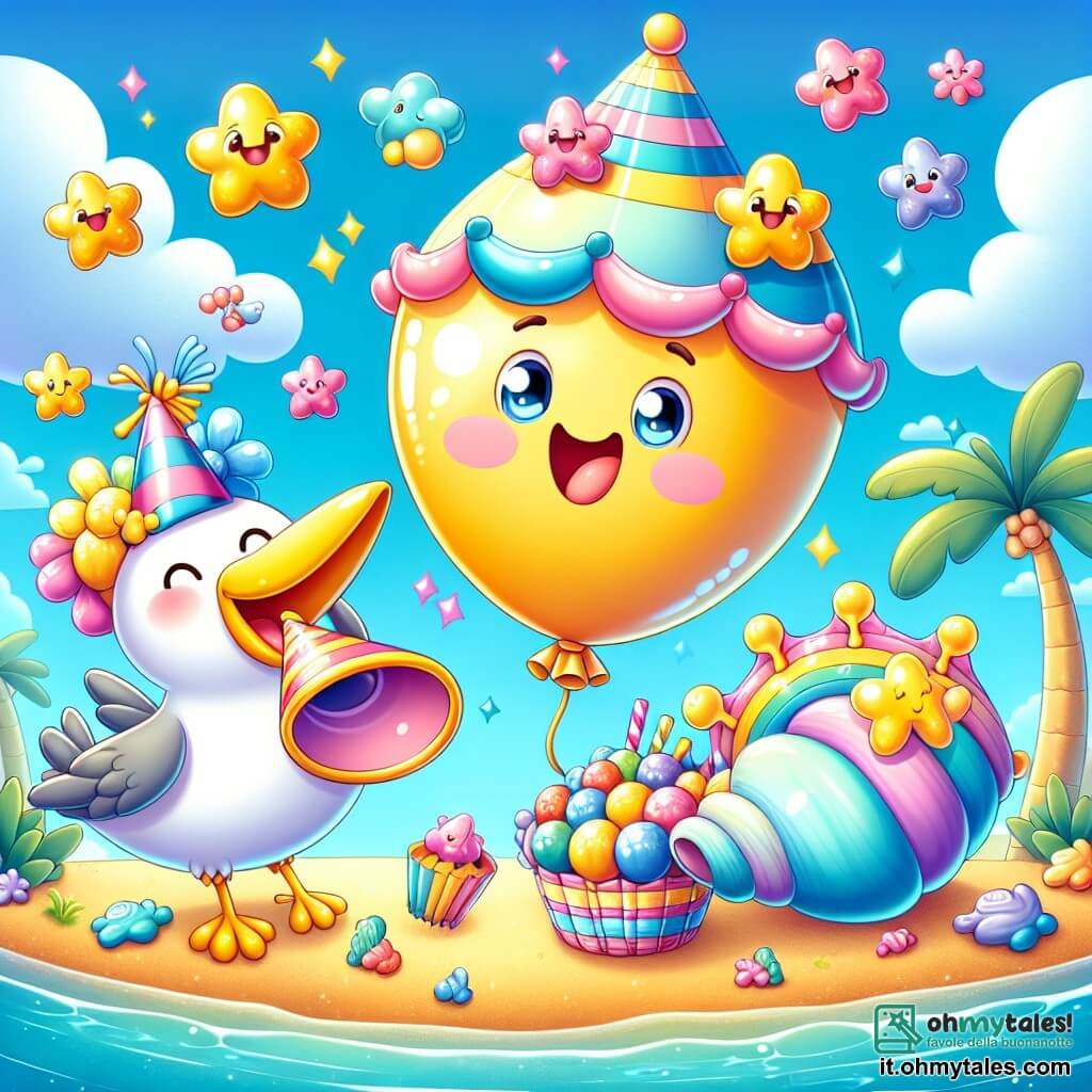 Pino, un palloncino giallo sorridente, galleggia al centro dell'immagine con un grande cappello di carta colorato. I suoi occhi brillano di eccitazione mentre tiene un vassoio pieno di deliziosi caramelle colorate. A destra, la conchiglia parlante, dai colori pastello e con un volto amichevole, canta una melodia gioiosa, i suoi occhi brillano di felicità. A sinistra, Guido, un gabbiano con piume bianche e grigie, vola nel cielo blu, tenendo un cesto pieno di stelle marine di zucchero, con un sorriso caloroso. La scena si svolge su un'isola soleggiata, circondata da sabbia dorata e palme verdi, con un oceano blu scintillante sullo sfondo. Pesci colorati saltano gioiosamente fuori dall'acqua, aggiungendo all'atmosfera festosa. La situazione principale mostra Pino e i suoi amici che celebrano il suo compleanno, circondati da decorazioni colorate, in un'atmosfera di gioia e amicizia, pronti a gustare le dolci e a ballare insieme sotto il sole.
