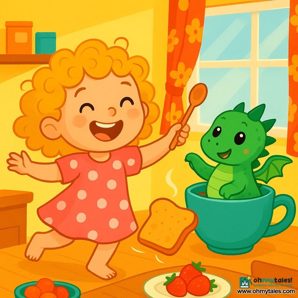 A 2-year-old girl named Pip, with curly golden hair, wears a pink dress with white polka dots. She has a big joyful smile and sparkling eyes. Pip wields a wooden spoon, which she sees as a magic wand, and dances around the table. Next to her is a small tea dragon named Puff, with green scales and bright eyes, happily floating in a teacup. Puff makes a bubbly sound and seems ready to fly. The scene takes place in a bright, colorful kitchen with yellow walls, a wooden table full of food, and sunlight streaming through a window adorned with floral curtains. Pip, with her magic spoon, flips a slice of toast that bounces joyfully on the table, while Puff prepares to catch a drop of milk sliding down the cup. The atmosphere is filled with laughter and magic, with bursts of vibrant colors and fun details.