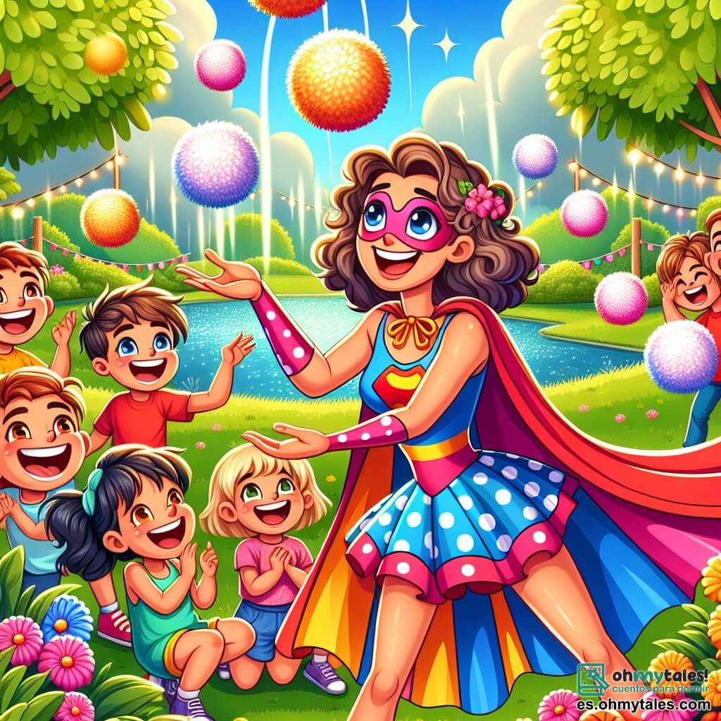 Super-Susana, una mujer heroica con cabello rizado y una gran sonrisa, lleva un traje colorido con una capa flotante. Está haciendo malabares con pelotas de peluche que vuelan a su alrededor, su rostro irradia alegría y diversión. A su lado, un grupo de niños de 6 a 10 años ríe y aplaude. Un niño rubio con una camiseta roja señala una pelota que se eleva. Una niña de cabello castaño, con un vestido de lunares, intenta atrapar una pelota con una gran sonrisa. La escena transcurre en un parque soleado, lleno de vegetación, con árboles de hojas brillantes y un lago resplandeciente al fondo. Flores coloridas bordean el camino y las risas de los niños resuenan en el aire. Super-Susana crea un espectáculo cómico con pelotas de peluche volando, mientras los niños se divierten y se maravillan ante sus talentos de superheroína.