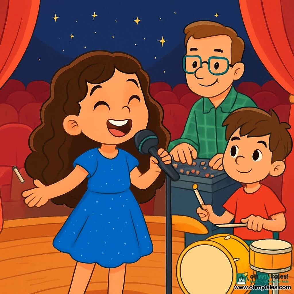 A young singer, Lila, stands at the center of a wooden stage, with long curly hair, wearing a sparkling blue dress. She has a radiant smile and sparkling eyes, singing passionately. Next to her, a boy named Tom, about 10 years old, plays the drums with white sticks, his messy brown hair and a red t-shirt. He looks at Lila with admiration. A bit further back, a man named Mr. Ben, in his forties, wearing glasses and a checked shirt, adjusts the sound on a large mixing table, focused and smiling. The venue is a large concert hall, with red velvet walls and a starry ceiling, illuminated by soft lights that twinkle like stars. The empty velvet seats create a peaceful and magical atmosphere. The main scene shows Lila singing enthusiastically, while Tom plays an upbeat rhythm and Mr. Ben adjusts the sound settings, all united in a moment of joyful and harmonious music.