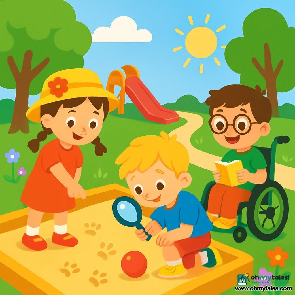 There are 3 characters: Lily, a 6-year-old girl with brown hair in braids, wearing a bright yellow hat with flowers, standing and pointing at a footprint in the sand; Max, a 7-year-old boy with messy blonde hair, wearing a blue t-shirt and red shorts, crouched down examining a footprint with a magnifying glass; and Sam, a 6-year-old boy with brown hair and glasses, sitting in a green wheelchair, smiling and holding a small notebook to take notes. The setting is a sunny park with lush green trees, a colorful slide, and a golden sandbox. Multicolored flowers line the path, and a bright blue sky stretches above them. The main situation shows the three friends investigating to find their missing red ball, carefully examining the sand surrounded by clues, with small animal footprints visible around them.