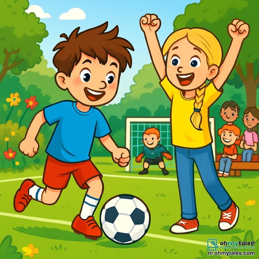 Een 8-jarig jongetje met tous haar en een stralende glimlach dribbelt een voetbal op een groen veld. Hij draagt een felblauw shirt en een rode short, zijn ogen stralen van opwinding en vastberadenheid. Naast hem moedigt zijn 10-jarige zus Lotte, met lange gevlochten blonde haren, hem aan door haar armen omhoog te steken, gekleed in een gele t-shirt en een spijkerbroek. Ze staat aan de zijlijn, omringd door andere kinderen die met bewondering kijken. De locatie is een zonnig voetbalveld, omgeven door groene bomen en kleurrijke bloemen, met toeschouwers die op houten banken zitten. De hoofdactie toont Tim in volle actie, klaar om te schieten, terwijl de tegenstander zich voorbereidt om te stoppen, wat een sfeer van spanning en opwinding creëert.