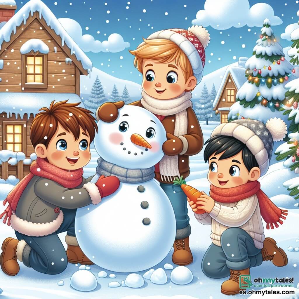 Tres amigos se reúnen en un paisaje invernal. Tomás, un niño de 8 años con cabello castaño y ojos brillantes, está haciendo una gran bola de nieve. A su lado, Lucas, un niño de 7 años con cabello rubio y mejillas sonrosadas, sonríe sosteniendo una pequeña bola de nieve en sus manos. Finalmente, Mateo, un niño de 6 años con cabello negro y una bufanda roja, se inclina para poner una zanahoria en la cara del muñeco de nieve que acaban de crear. Están construyendo un muñeco de nieve alegre, dándole vida con una zanahoria para la nariz y piedras para los ojos, mientras ríen y se divierten juntos en la nieve brillante.