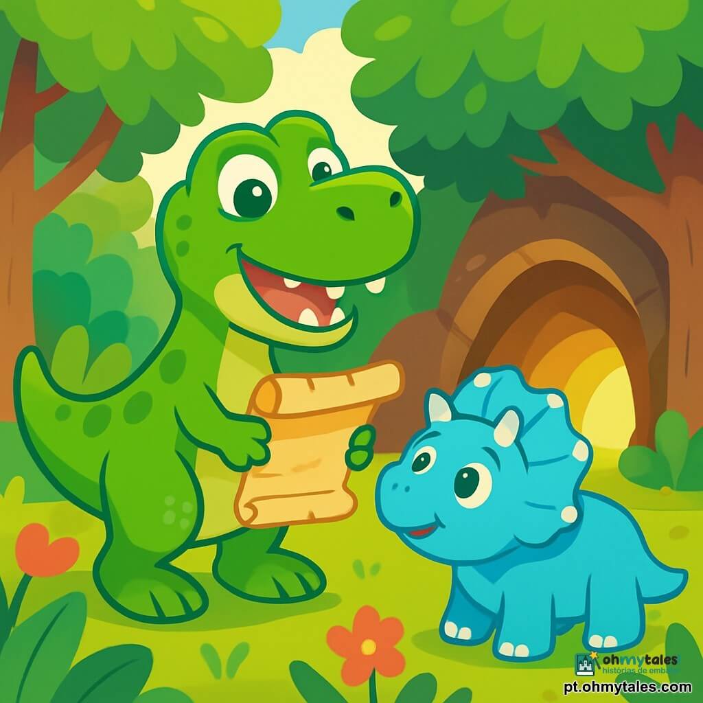 Um Tyrannossauro Rex chamado Tico, com uma pele verde brilhante e escamas reluzentes, exibe um grande sorriso alegre, seus olhos brilhando de excitação. Ele está de pé sobre suas poderosas patas traseiras, segurando um velho pergaminho com suas pequenas patas dianteiras. Ao seu lado, um Tricerátopo chamado Dino, com uma pele azul clara e três chifres na testa, observa Tico com admiração, seus grandes olhos redondos cheios de curiosidade. Eles estão em uma floresta exuberante, onde árvores gigantes com folhas verdes vibrantes e flores coloridas cercam uma caverna misteriosa, iluminada por uma luz dourada. A cena mostra Tico e Dino se aproximando da caverna, prontos para descobrir a fonte da luz mágica que brilha lá dentro.