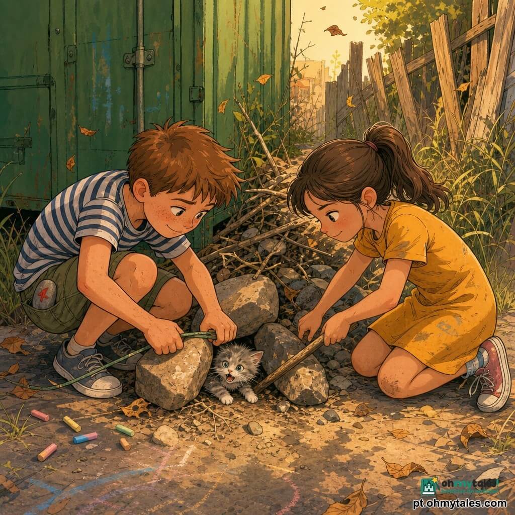 Menino de 10 anos, rosto redondo com sardas, sorriso tímido, cabelo castanho curto, de t-shirt às riscas e calções, agachado a puxar um elástico sob pedras; Joana, 9 anos, cabelo castanho apanhado, expressão decidida, de vestido simples e ténis empoeirados, ajoelhada a empurrar uma pedra com um pau; um gatinho grisalho e branco preso entre pedras mia fraco no centro; ao fundo, um contentor verde numa esquina, caminho estreito com ervas altas, uma vedação partida e montes de pedras e ramos, folhas secas ao pôr do sol; cena principal: as crianças libertando o gatinho com gestos pacientes e olhar solidário, marcas de giz colorido e uma pedra pintada com uma seta vermelha visível no bolso do menino.