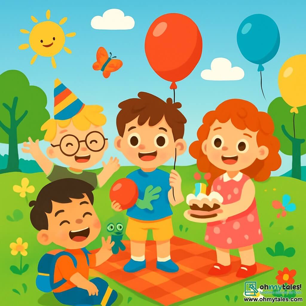 There are 4 children: - Benjy: A 6-year-old boy with messy brown hair and sparkling eyes. He wears a blue t-shirt with a dinosaur design and yellow shorts. He is in the center, smiling, holding a red balloon. - Max: A 7-year-old boy with blonde hair and round glasses. He wears a colorful party hat and a green t-shirt. He is to the left of Benjy, making a joyful gesture with his arms raised. - Teddy: A 6-year-old girl with curly hair and a pink polka dot dress. She has a big smile and holds a small birthday cake decorated with candles. She is to the right of Benjy, ready to blow out the candles. - Ollie: A 5-year-old boy with black hair and an orange t-shirt. He has a small backpack and shows a frog-shaped toy. He is sitting on the grass, just in front of Benjy, laughing heartily. The setting is a large sunny park filled with colorful flowers, green trees, and well-kept grass. In the distance, children can be seen playing and butterflies fluttering in the air. The main scene shows Benjy surrounded by his friends, all ready to celebrate his birthday. They are laughing and having fun, with floating balloons and a birthday cake on a checkered blanket. The atmosphere is joyful and festive, full of bright colors and radiant smiles.