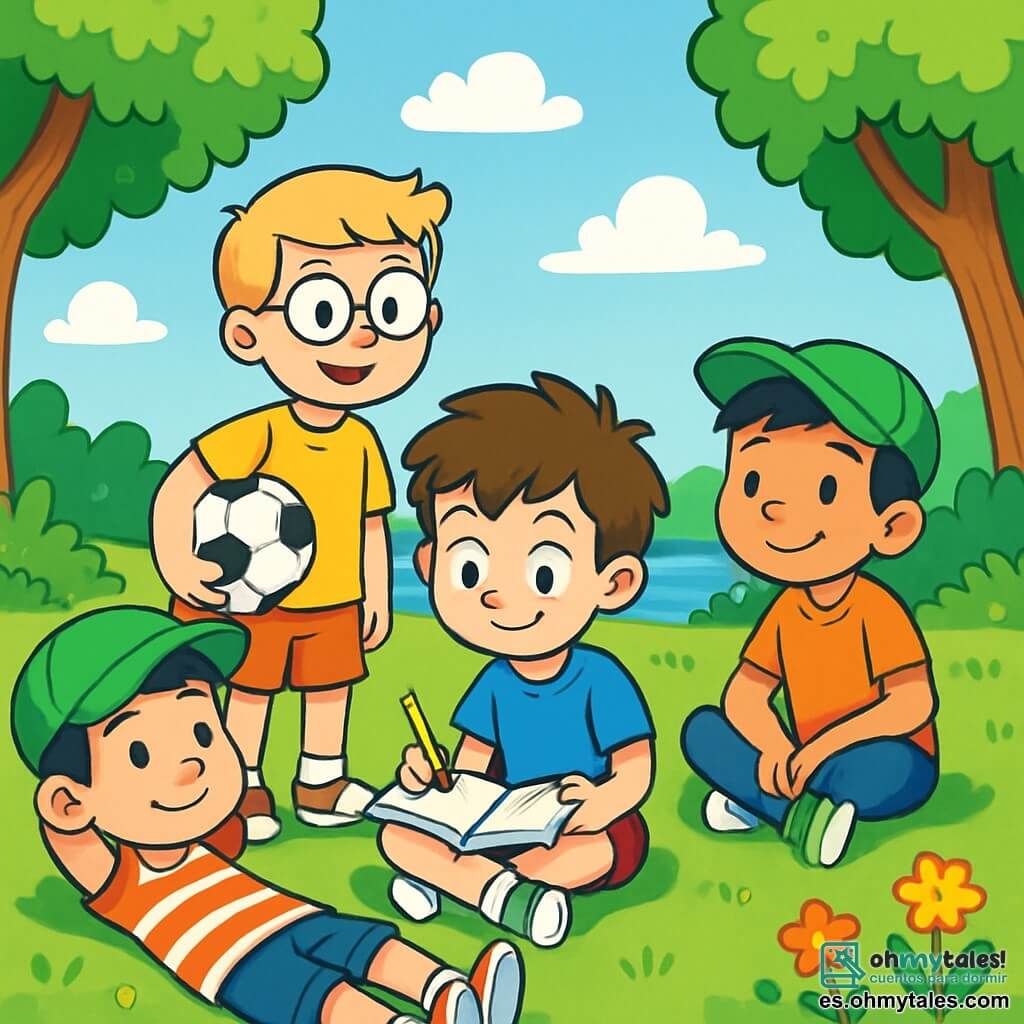 Hay 4 personajes: - Lucas: Un niño de 10 años, con cabello castaño desordenado y ojos brillantes. Lleva una camiseta azul y un pantalón corto rojo, y está sentado en la hierba, con un cuaderno abierto en las rodillas, escribiendo. - Álvaro: Un niño de 10 años, con cabello rubio y gafas redondas. Está de pie al lado de Lucas, sonriendo, con un balón de fútbol bajo el brazo. - Diego: Un niño de 10 años, con cabello negro y una gorra verde. Está sentado en la hierba con las piernas cruzadas, mirando a Lucas atentamente, con las manos sobre las rodillas. - Mateo: Un niño de 10 años, con cabello castaño y una camiseta a rayas. Está acostado de espaldas, con los brazos detrás de la cabeza, soñando mientras mira las nubes. El lugar es un parque verde, con grandes árboles de hojas brillantes, un cielo azul claro salpicado de algunas nubes blancas y esponjosas. La hierba es de un verde intenso, y flores coloridas añaden toques de amarillo, rojo y violeta alrededor de los niños. A lo lejos, se ve un pequeño lago que brilla bajo el sol. La situación principal de la historia muestra a Lucas, rodeado de sus amigos, escribiendo en su cuaderno. Todos están allí para apoyarlo, compartiendo sonrisas y risas, creando un momento de amistad y consuelo en un entorno pacífico y alegre.