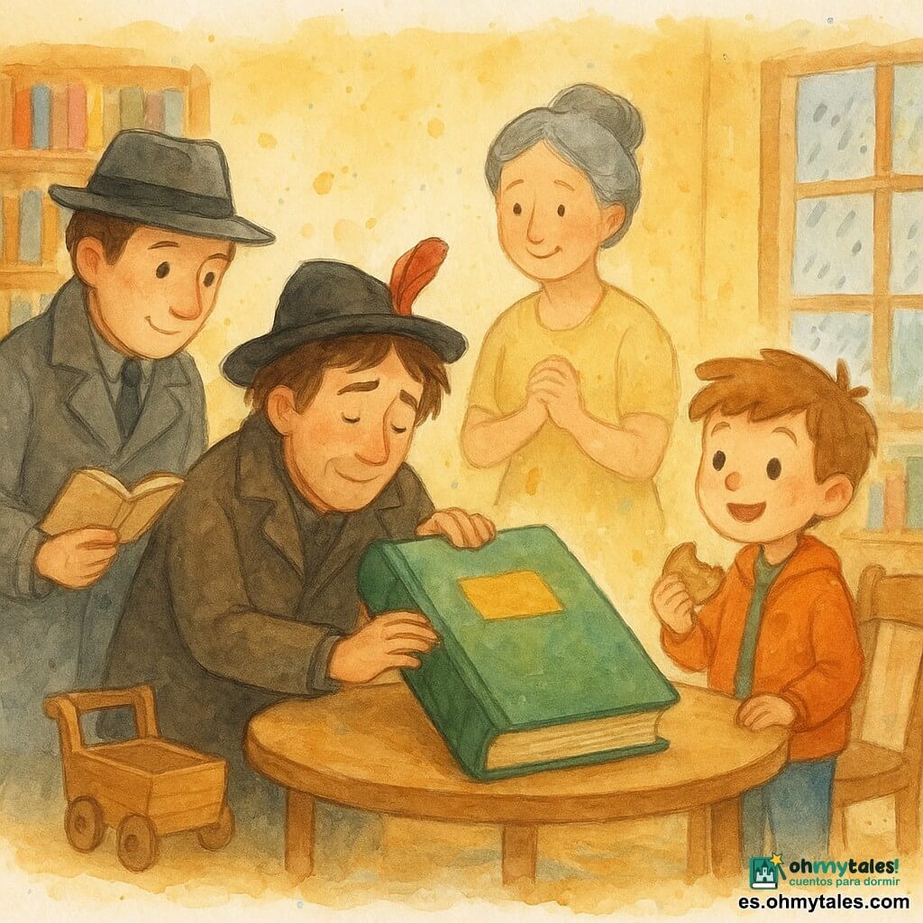 Un detective de rostro amable y concentrado, abrigo gris, cuaderno abierto en una mano y un pequeño carro de madera en la otra, sonríe con empatía mientras coloca un gran libro verde sobre una mesa; a su izquierda, Bruno, cuenta cuentos adulto con pelo castaño despeinado, sombrero negro con una pluma roja, expresión avergonzada pero aliviada, arrodillado ayudando a poner el libro; a la derecha, Leo, niño de 5 años con mechón levantado y chaqueta naranja, sostiene una galleta medio comida, asombrado y orgulloso; detrás de la mesa, la bibliotecaria señora Clara, cabello gris recogido en moño, vestido amarillo pálido y manos juntas, mirada benigna y tranquila. Interior de una pequeña biblioteca cálida: paredes amarillas, estanterías de madera con libros coloridos, mesa redonda de madera clara, alfombra con motivos, ventana con lluvia fina y campanilla en la puerta; sobre la mesa el “Libro Grande” verde con una hoja dorada brillante en la cubierta. Escena de devolución del libro, atmósfera calmada, luz suave y pequeñas salpicaduras acuareladas que subrayan compasión, alivio y solidaridad; estilo acuarela infantil, trazos delicados, colores pastel saturados y textura de papel visible, composición centrada en el libro y los rostros.