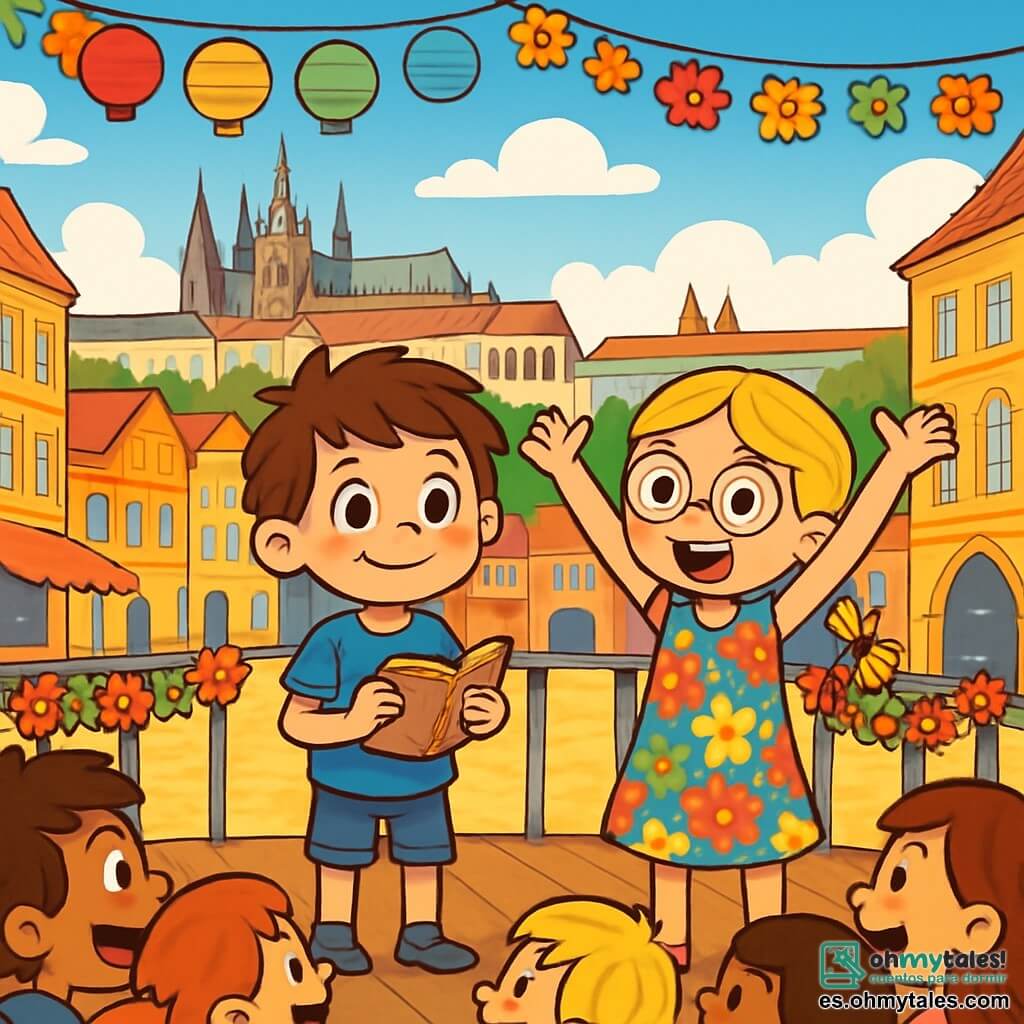 Hay 2 personajes principales: - Matías: un niño de 9 años, con cabello castaño despeinado y ojos brillantes de curiosidad. Lleva una camiseta azul y un pantalón corto de mezclilla. Se encuentra en el centro, con una sonrisa tímida en el rostro, sosteniendo un pequeño cuaderno en sus manos. - Clara: una niña de 9 años, con cabello rubio trenzado y gafas redondas. Lleva un vestido colorido con motivos de flores. Está al lado de Matías, con los brazos levantados en señal de ánimo y una gran sonrisa en su rostro. La situación principal tiene lugar en la hermosa ciudad de Praga, con sus calles empedradas brillando bajo el sol. Al fondo, se ve el majestuoso Castillo de Praga que domina la ciudad, rodeado de edificios antiguos con fachadas coloridas y adornadas con esculturas. El cielo es de un azul brillante, salpicado de nubes blancas esponjosas. La escena principal muestra a Matías y Clara en un escenario improvisado, listos para contar una historia ante una multitud entusiasta. Los niños están rodeados de decoraciones festivas, con farolillos de colores y guirnaldas de flores, mientras que los rostros de los espectadores brillan de emoción y expectativa.