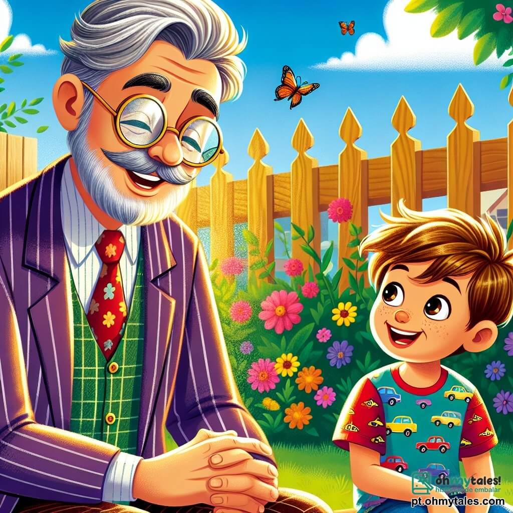 Um homem idoso, o Senhor António, está sentado em um banco de madeira em um jardim ensolarado. Ele tem cabelos grisalhos e uma barba bem feita, usando óculos redondos que lhe conferem um ar sábio e amigável. Seu sorriso caloroso mostra que ele está feliz em contar histórias para as crianças. Ao lado dele, um jovem garoto chamado Lucas, de cerca de 7 anos, está sentado no chão, com os olhos brilhando de excitação. Ele tem cabelos castanhos bagunçados e usa uma camiseta colorida com estampas de carros. Lucas observa atentamente o Senhor António, ansioso para ouvir suas histórias. O jardim está cheio de flores coloridas, com borboletas voando ao redor. Ao fundo, vê-se uma cerca de madeira e um céu azul salpicado de nuvens brancas fofas, criando uma atmosfera alegre e pacífica. A cena principal mostra o Senhor António contando uma história cativante para Lucas, que está absorto em suas palavras, imaginando mundos mágicos e aventuras incríveis.