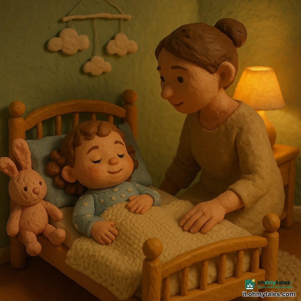 Bambina di 2 anni, calma e sorridente, guanciotta, capelli castani ricci, nasino a patata, in pigiama azzurro chiaro a stelline, sdraiata nel suo lettino con una mano sulla pancia, occhi socchiusi e lieve sorriso; madre circa 30 anni dal viso dolce, capelli raccolti a chignon, in abito beige comodo, seduta sul bordo destro del letto con la mano vicino a quella della bambina, sguardo protettivo e postura inclinata; pupazzo coniglio rosa un po' consumato a sinistra; camera con lettino in legno chiaro a sbarre, coperta crema lavorata, parete verde pastello, mobile di nuvole sospeso, lampada da comodino in ceramica con luce ambrata e tappeto rotondo beige; scena della nanna tranquilla, luce soffusa, atmosfera intima e rassicurante con leggere impronte e tracce di dita nella pasta da modellare e ombre morbide.