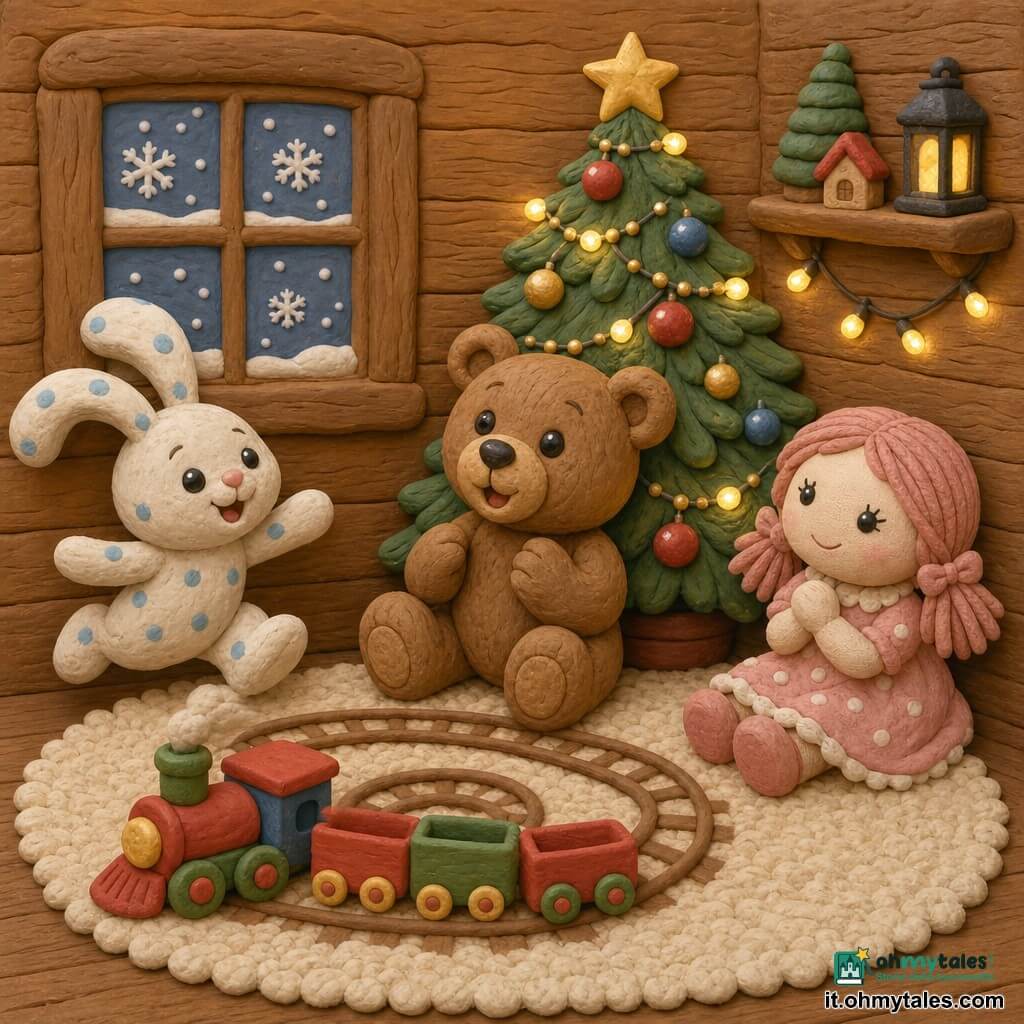 Un piccolo orso di peluche marrone chiaro dagli occhi neri lucidi e sorriso ricamato, un coniglietto di stoffa bianco a macchie blu dalle orecchie morbide, un trenino di legno rosso e verde che gira su una pista a spirale davanti a loro, e una bambola di pezza rosa pallido seduta con le mani giunte; la scena è in una stanza calda con pareti di legno, finestra ghiacciata con neve fuori, tappeto crema e lucine gialle intorno a un piccolo albero decorato con palline colorate e stella dorata, atmosfera natalizia intima e illuminazione calda.