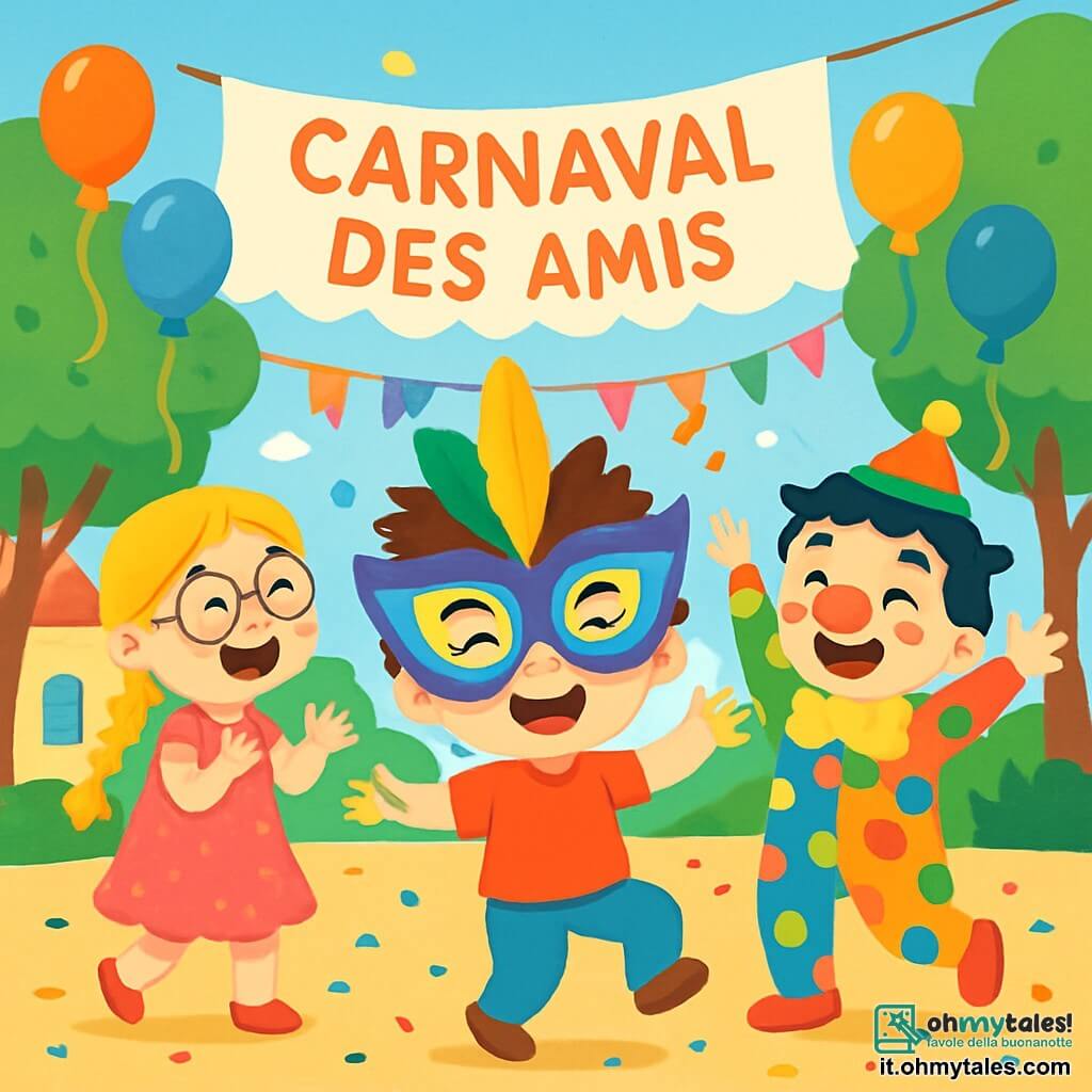 Ci sono 3 personaggi: - Luca: un ragazzo di 7 anni, con capelli castani disordinati e occhi scintillanti. Indossa una camicia rossa e pantaloni blu. Balla gioiosamente al centro dell'immagine, indossando una grande maschera colorata. - Sofia: una ragazza di 6 anni, con lunghi capelli biondi intrecciati e occhiali rotondi. Indossa un vestito rosa con paillettes. Si trova a sinistra di Luca, ridendo e incoraggiandolo a ballare. - Marco: un ragazzo di 7 anni, con capelli neri e lentiggini. Indossa un costume da clown colorato con un grande naso rosso. È a destra di Luca, facendo gesti divertenti per far ridere tutti. La scena si svolge in un cortile scolastico decorato per il carnevale, con palloncini colorati, festoni di carta appesi agli alberi e uno striscione che annuncia "Carnevale degli Amici". Il pavimento è coperto di coriandoli brillanti e i bambini ridono e giocano intorno. La situazione principale mostra Luca, Sofia e Marco che ballano insieme, circondati da risate e colori, celebrando l'amicizia e la magia del carnevale.