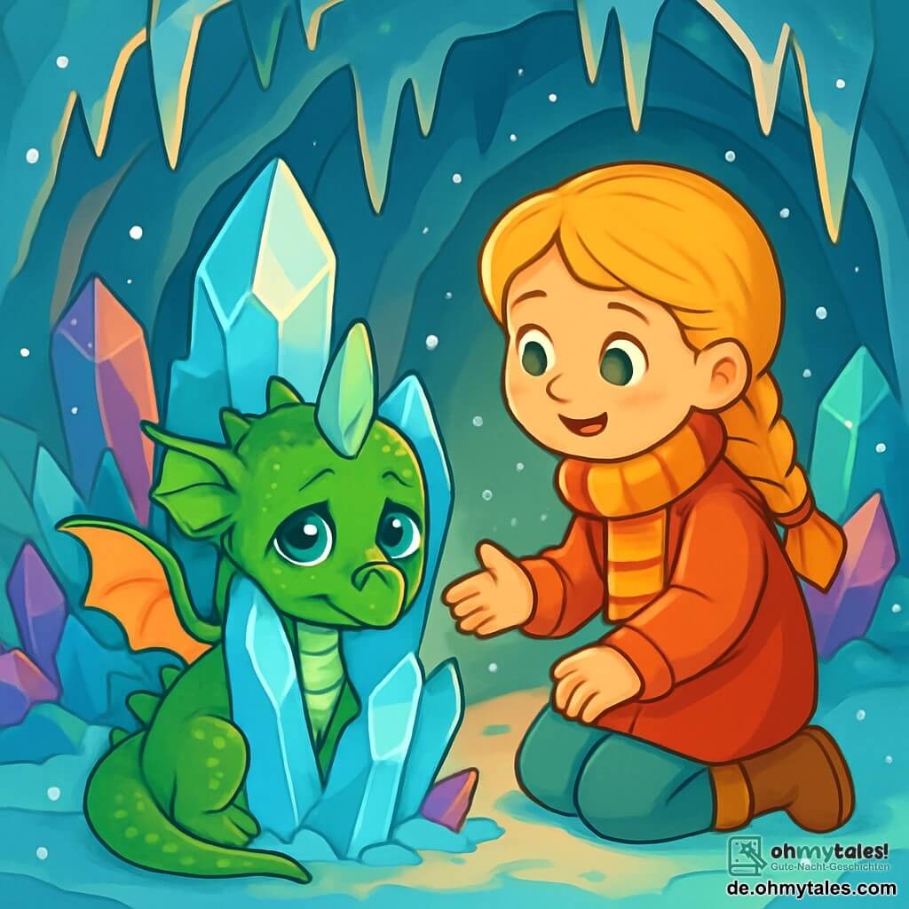 Ein kleiner Drache namens Glimm mit schimmernden grünen Schuppen und traurigen Augen versteckt sich hinter einem großen Eiskristall. Er hat zarte, durchsichtige Flügel, die im Licht funkeln. Neben ihm kniet ein 8-jähriges Mädchen, Lina, mit geflochtenem, goldenen Haar, das einen warmen roten Mantel und einen gestreiften Schal trägt. Sie lächelt freundlich und streckt ihm eine freundliche Hand entgegen. Die Szenerie ist eine magische Höhle, gefüllt mit glitzernden Kristallen, die lebendige Farben an die Eiswände reflektieren. Stalaktiten hängen von der Decke, und ein sanftes goldenes Licht filtert durch die Ritzen und schafft eine warme Atmosphäre trotz der Kälte. Lina versucht, Glimm zu trösten, der traurig und verloren wirkt, während draußen sanft Schneeflocken fallen und diesem zarten Moment einen Hauch von Magie verleihen.