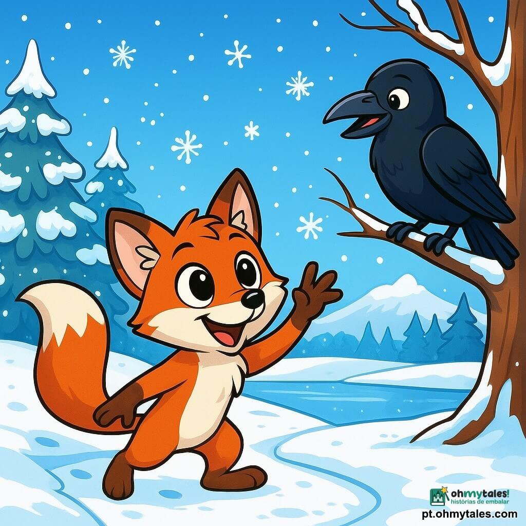 Um pequeno raposo com pelagem ruiva brilhante, grandes olhos curiosos e um sorriso travesso, está em um caminho coberto de neve, admirando os flocos de neve que caem suavemente ao seu redor. Ao lado dele, uma corvo de plumagem negra brilhante, empoleirada em um galho, observa a cena com um ar sábio e divertido, seus olhos brilhando de malícia. O cenário é uma vasta paisagem de inverno, com árvores majestosas cobertas de neve cintilante, um lago congelado que reflete o céu azul claro e colinas suaves envoltas em um manto branco. Nessa cena, o pequeno raposo, maravilhado com a beleza do inverno, tenta pegar um floco de neve que cai, enquanto a corvo, divertida, o encoraja com um grito alegre.